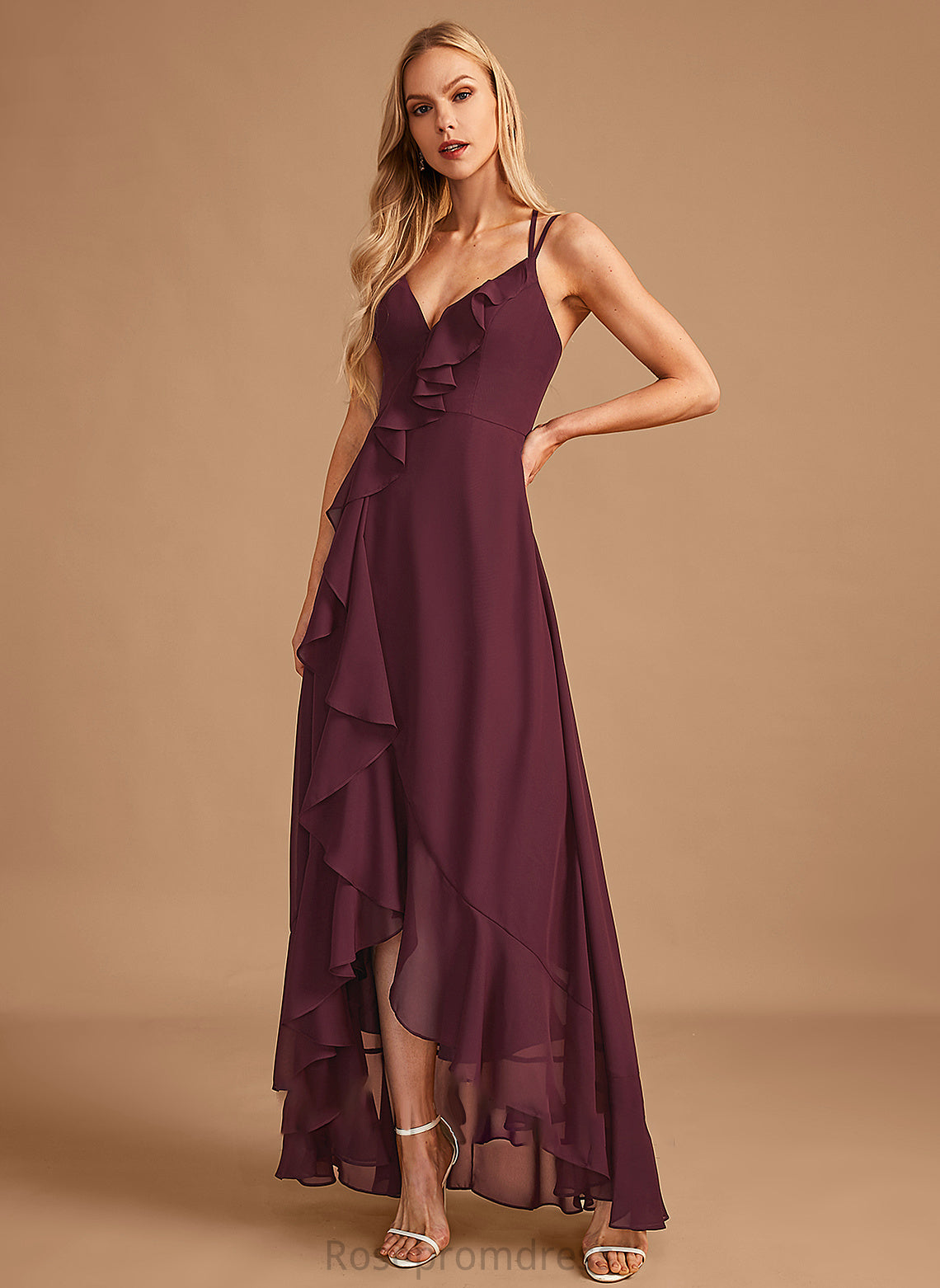 Length Asymmetrical Silhouette Embellishment Ruffle SplitFront A-Line Fabric Neckline V-neck Cynthia Sleeveless Bridesmaid Dresses