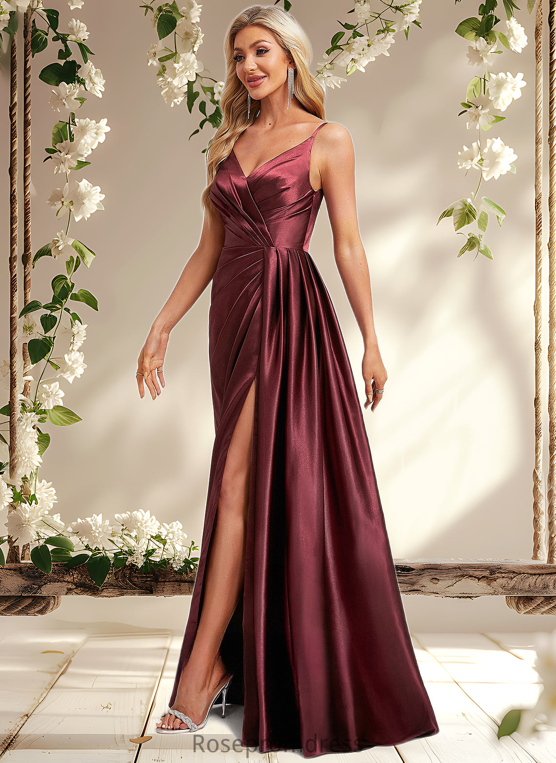 Kiera A-line V-Neck Floor-Length Stretch Satin Bridesmaid Dress With Ruffle DSP0025785