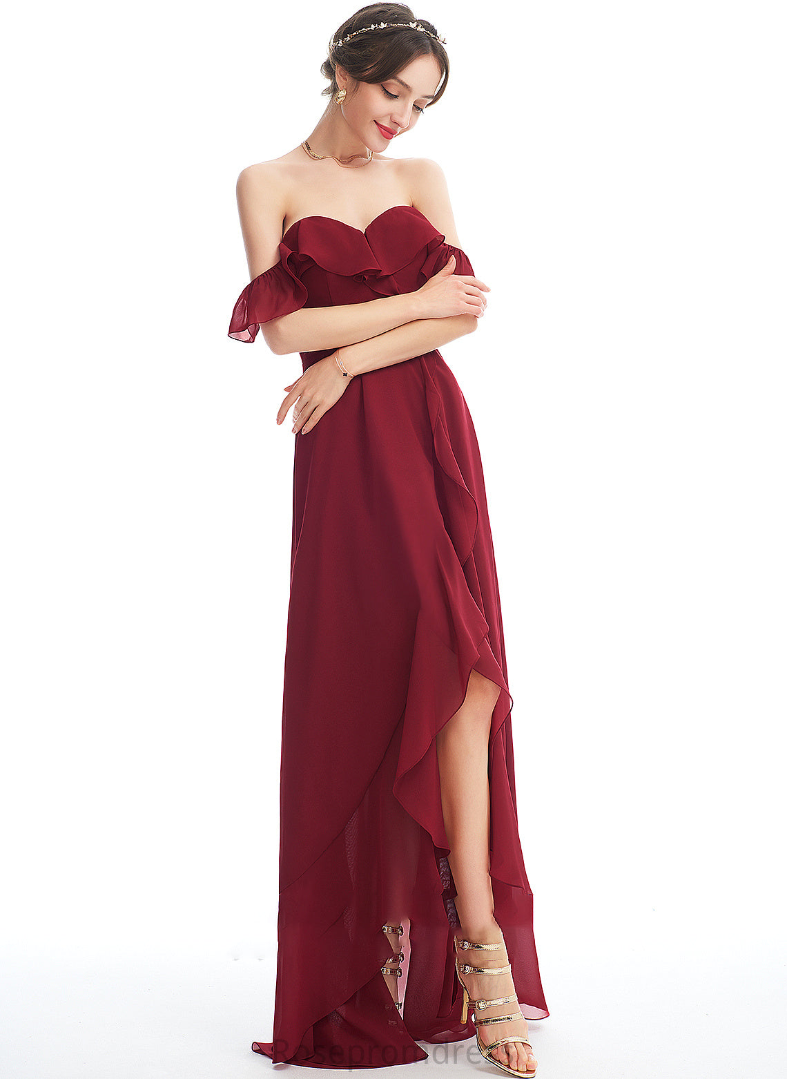 Embellishment Ruffle Fabric Asymmetrical Off-the-Shoulder Neckline Silhouette Length SplitFront A-Line Tatiana Sleeveless Bridesmaid Dresses