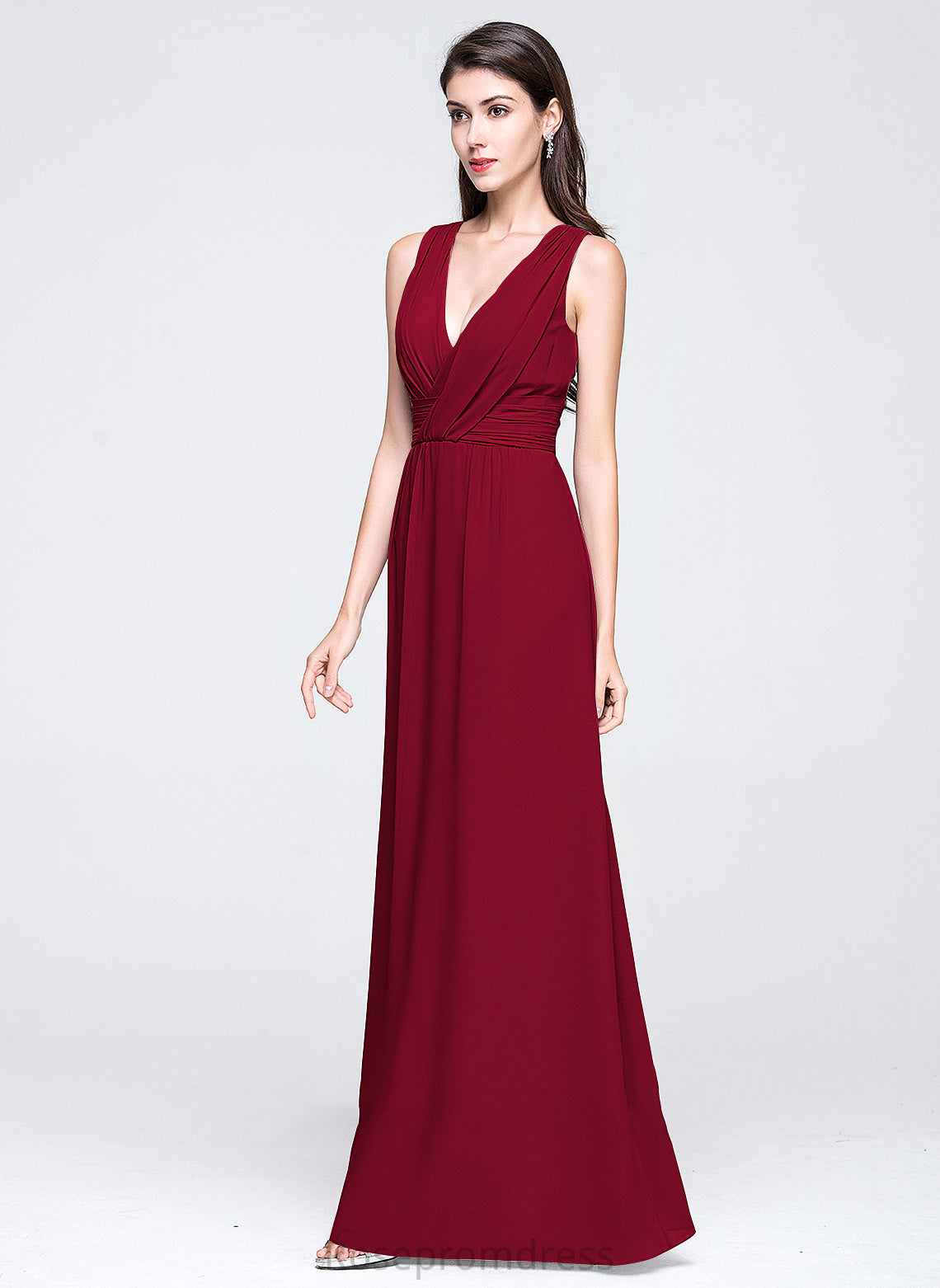 Length Fabric A-Line Silhouette Embellishment Floor-Length Neckline Ruffle V-neck Halle Stretch Satin Sleeveless Bridesmaid Dresses