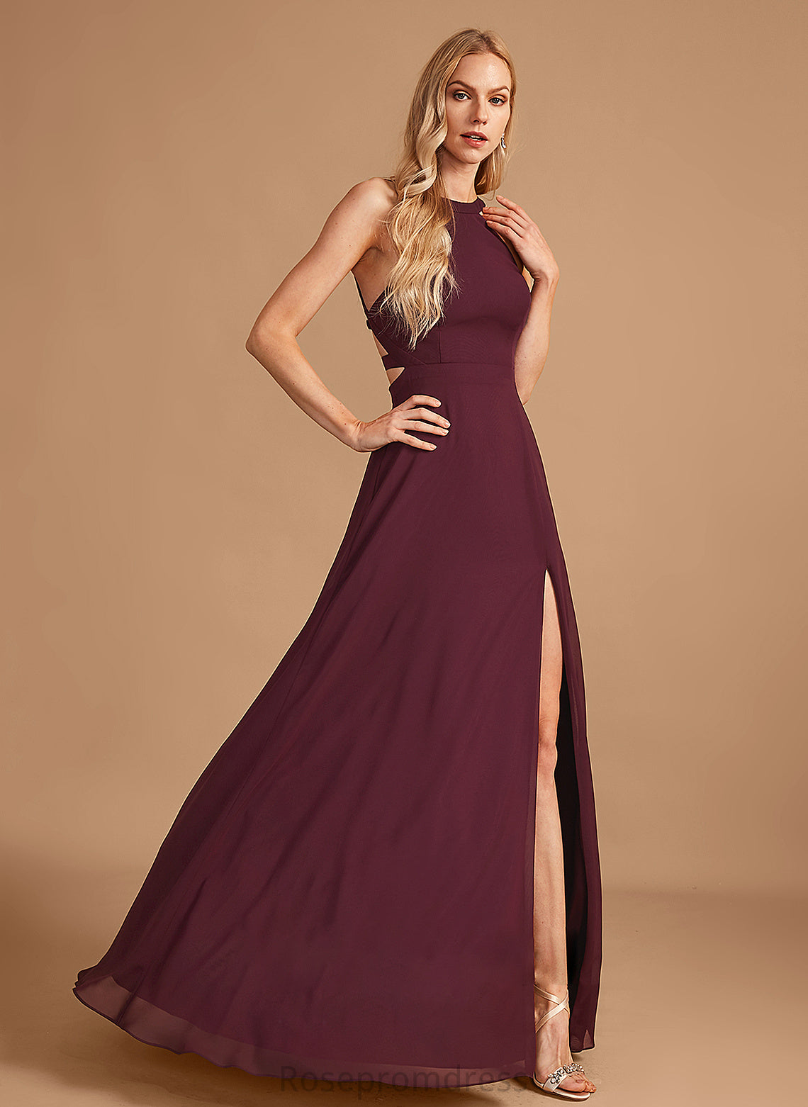 Silhouette Embellishment Fabric Neckline SplitFront Floor-Length Length HighNeck A-Line Damaris Bridesmaid Dresses