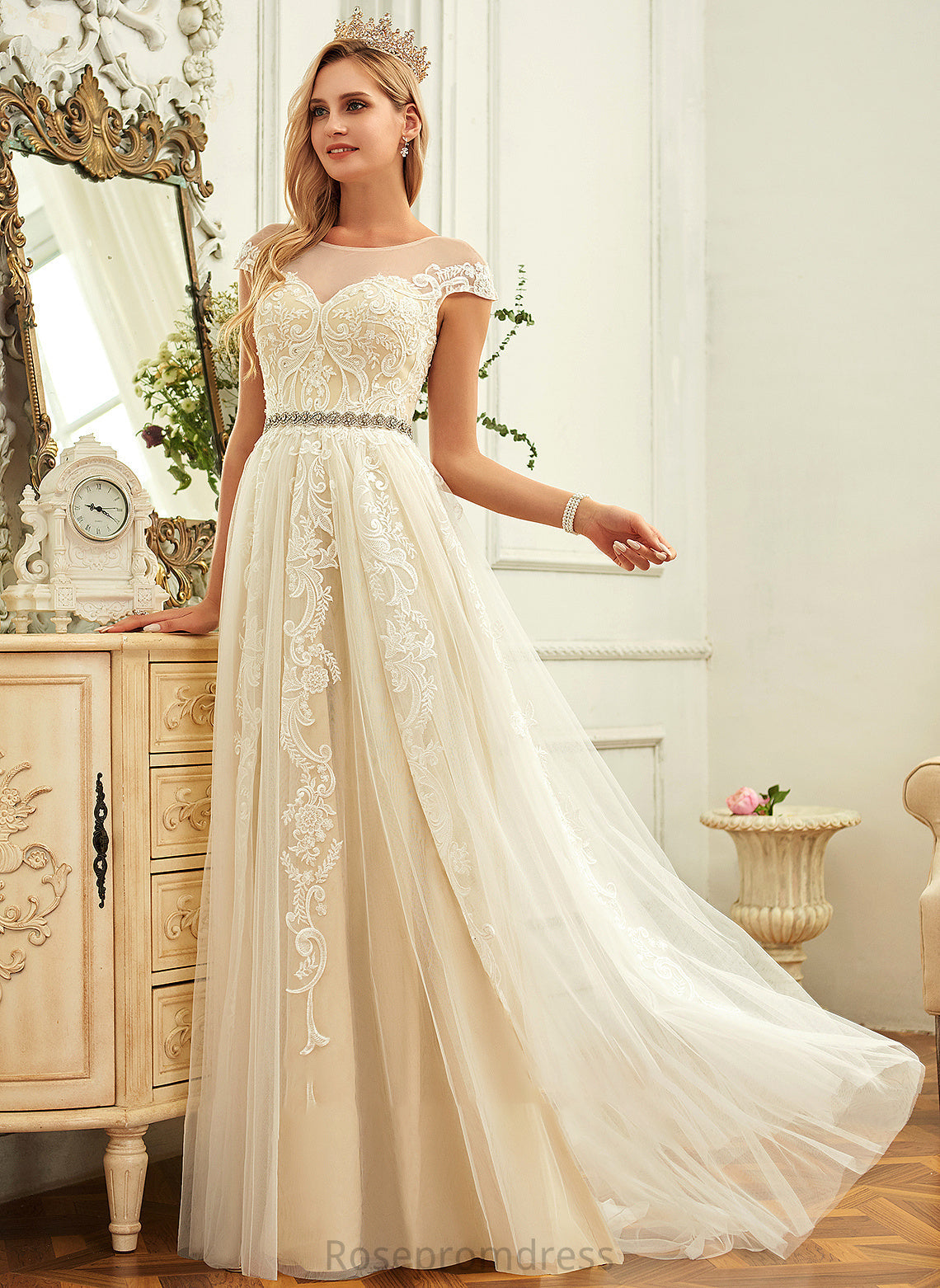 Josie Wedding Dresses A-Line Train Wedding Sweep Dress Ruffle Tulle With Lace Neck Scoop Lace