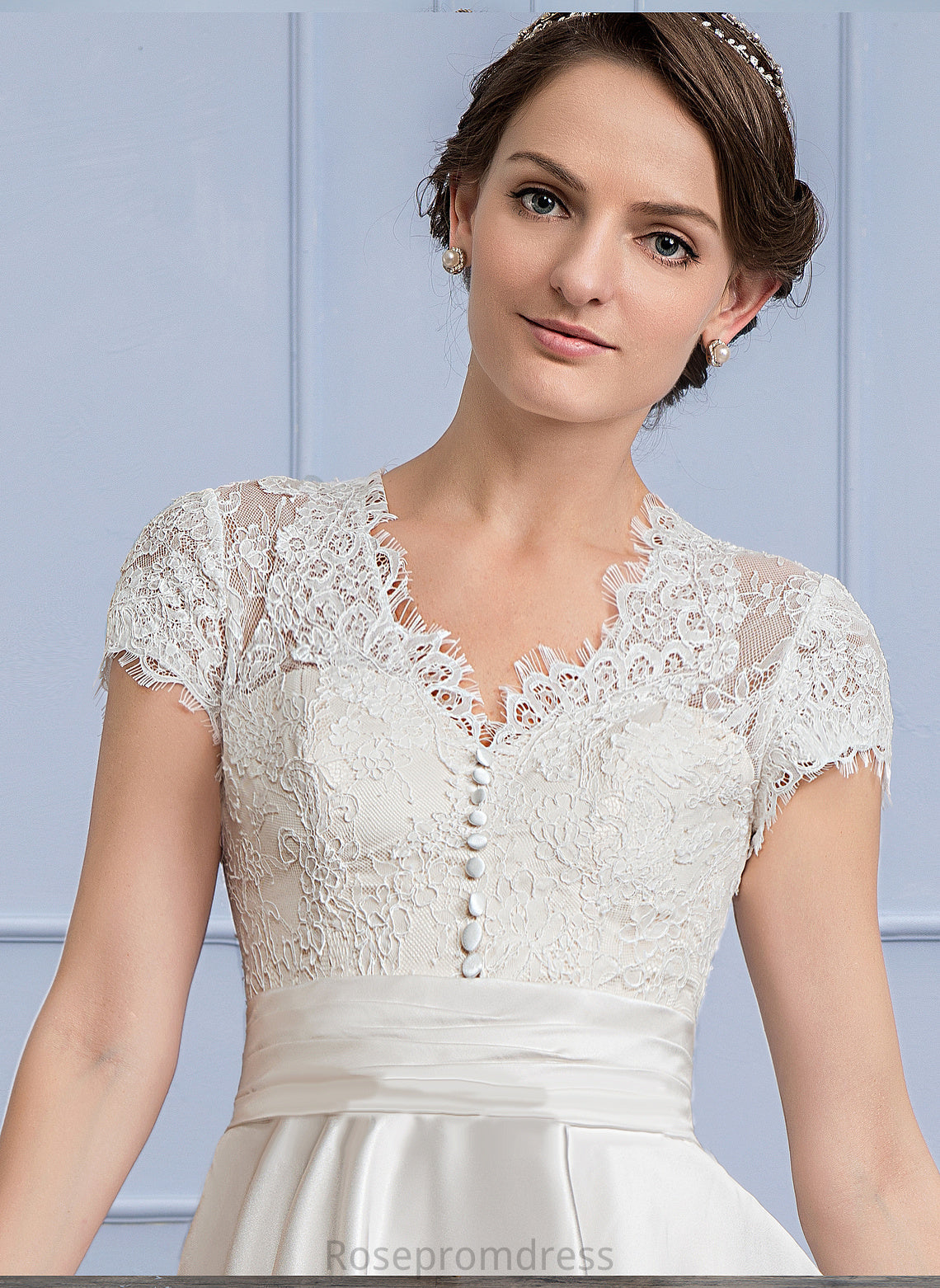 A-Line Lace Satin Ruffle Dress Tea-Length Wedding With Evangeline Wedding Dresses Pockets V-neck