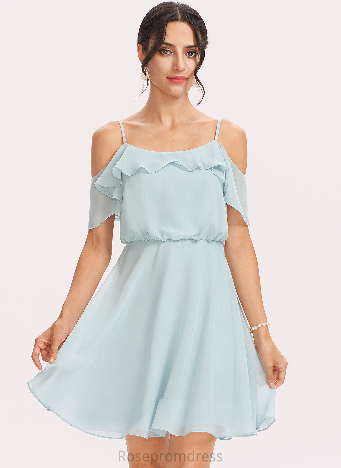 Neckline Length Fabric V-neck Silhouette Embellishment Short/Mini CascadingRuffles A-Line Cecilia A-Line/Princess Sleeveless Bridesmaid Dresses
