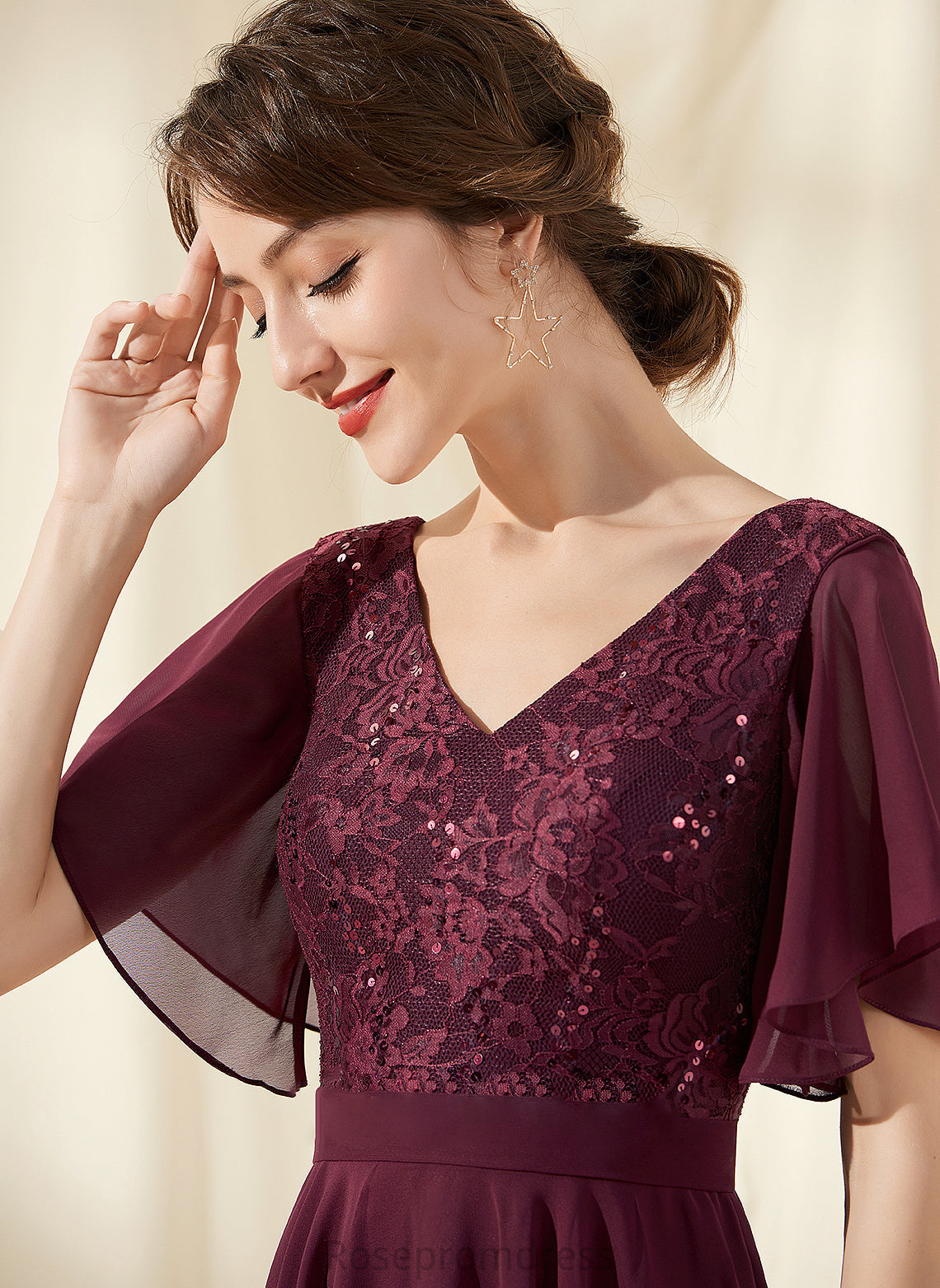 A-Line Silhouette Sequins V-neck Knee-Length Length Embellishment Neckline Fabric Yadira Natural Waist Floor Length Bridesmaid Dresses