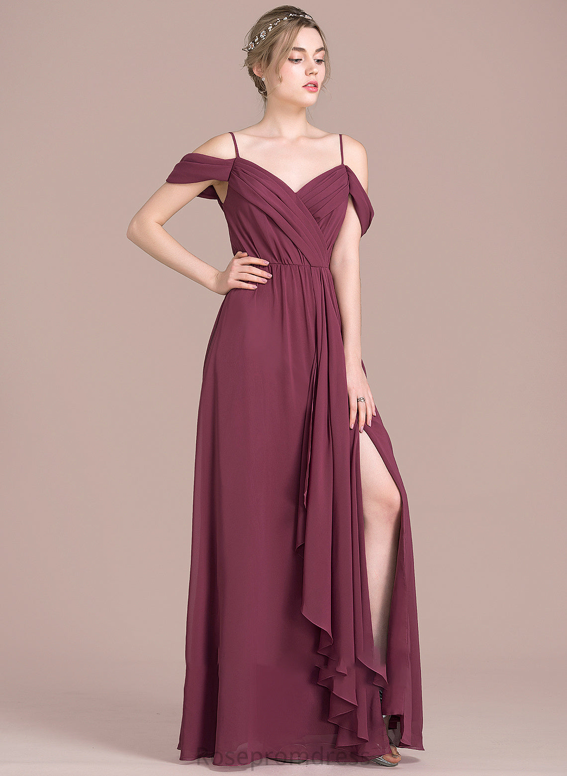 Length Floor-Length Neckline V-neck Fabric Bow(s) Embellishment A-Line CascadingRuffles Silhouette SplitFront Tess Bridesmaid Dresses