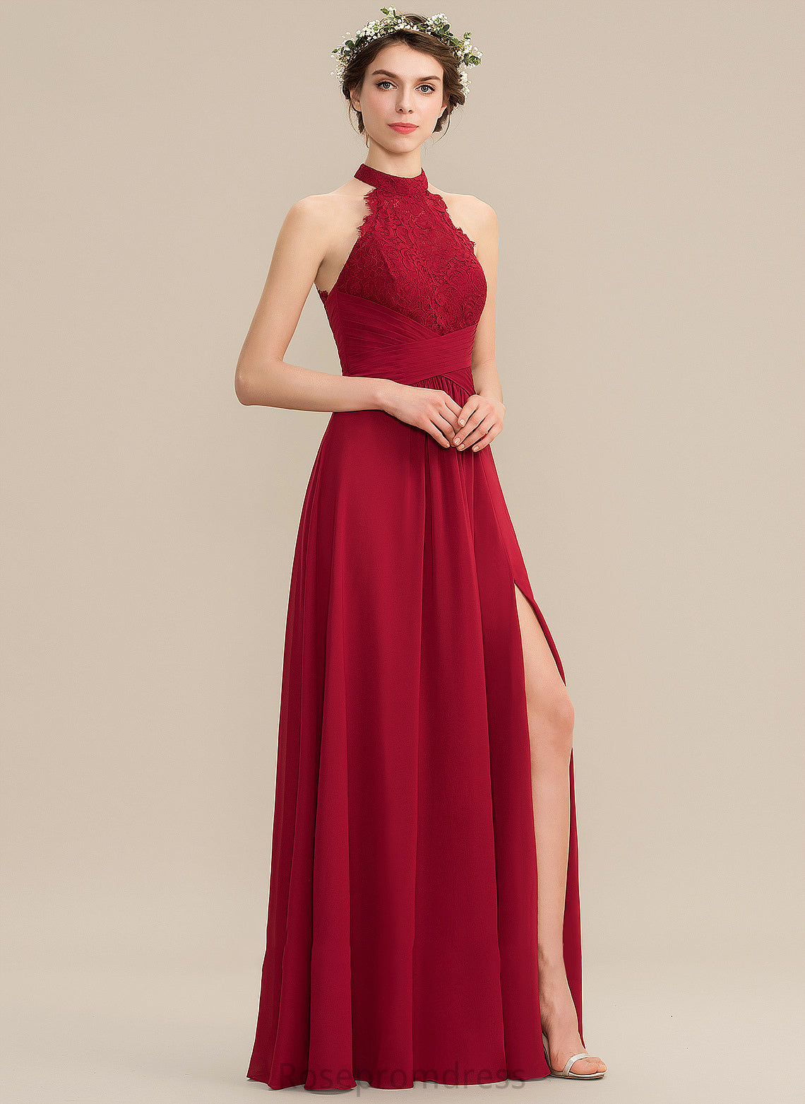 Floor-Length Ruffle A-Line SplitFront Neckline Fabric Length Silhouette Embellishment HighNeck Alejandra Floor Length Bridesmaid Dresses