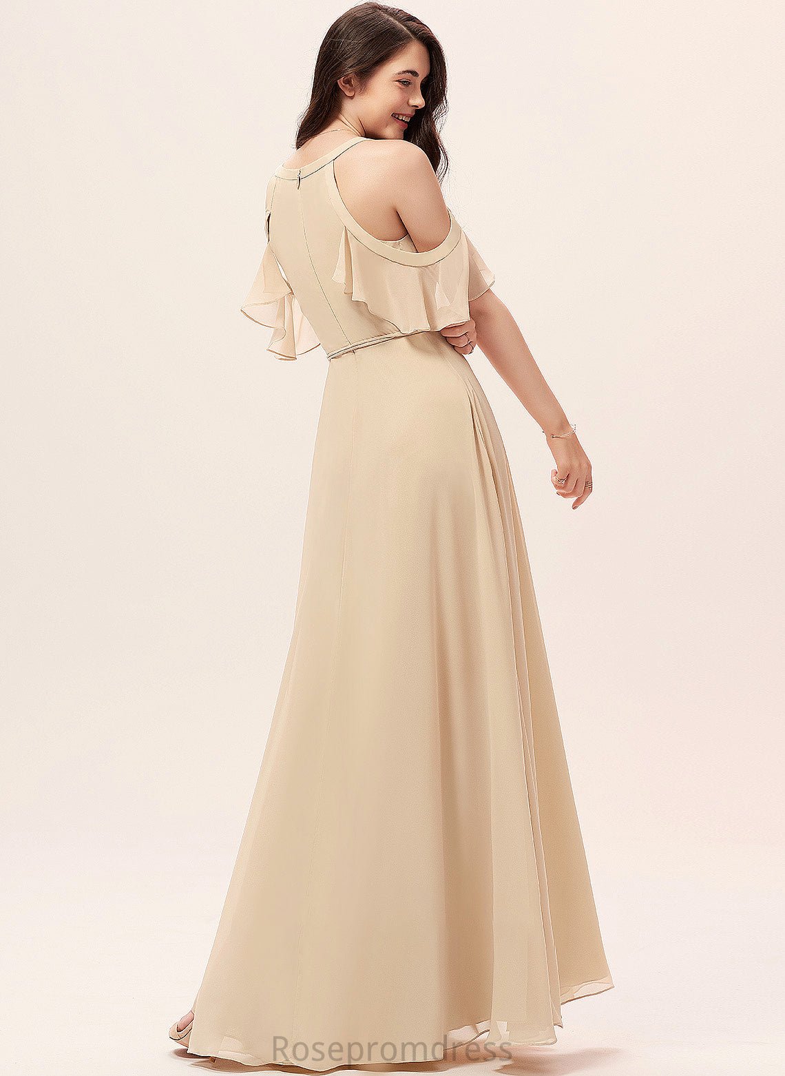 Fabric Floor-Length Embellishment Silhouette SplitFront Ruffle V-neck Neckline Length A-Line Vanessa Natural Waist Bridesmaid Dresses