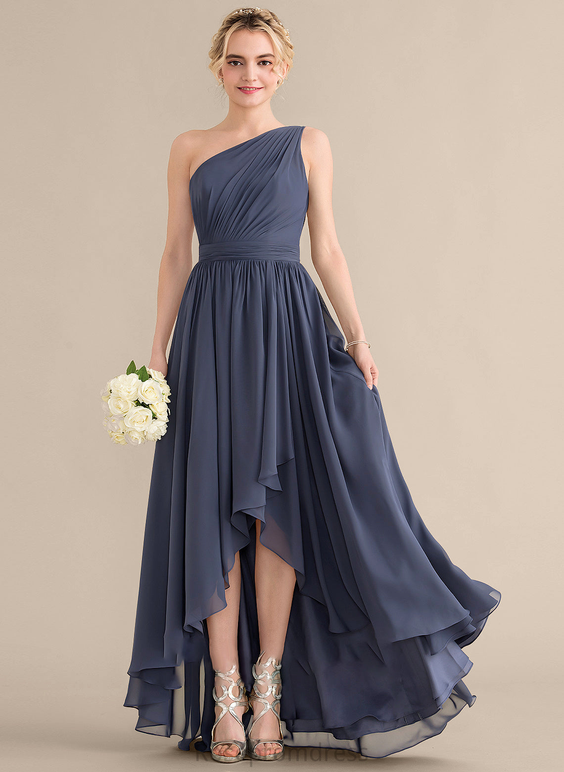 Neckline Fabric Length Silhouette CascadingRuffles One-Shoulder Asymmetrical A-Line Embellishment June A-Line/Princess V-Neck Bridesmaid Dresses