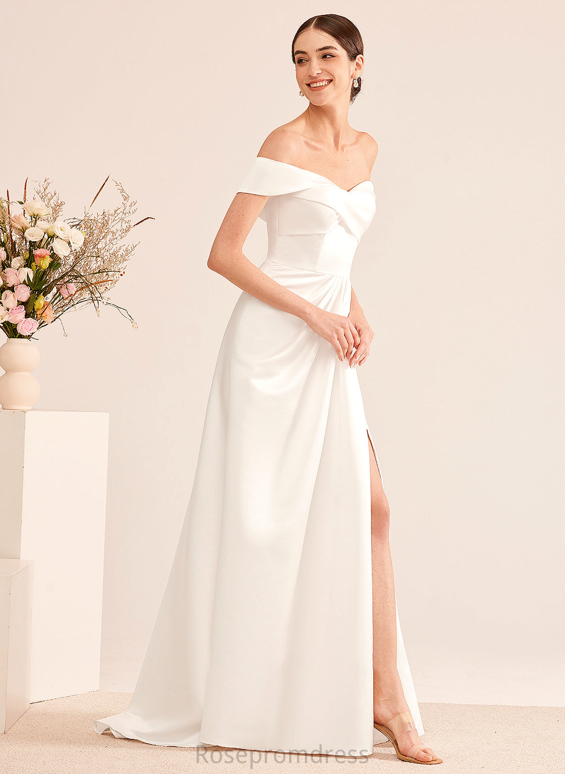 A-Line Off-the-Shoulder Ruffle Dress Wedding Front Split With Sweep Train Wedding Dresses Kyra