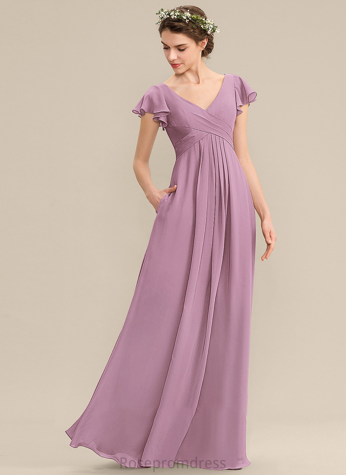 A-Line Length Embellishment Pockets Neckline CascadingRuffles Silhouette Floor-Length V-neck Fabric Cameron Bridesmaid Dresses