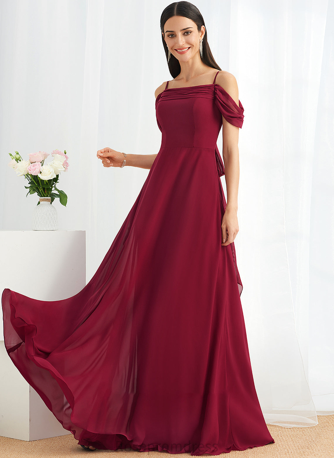 Bow(s) A-Line Neckline Embellishment Length Fabric Floor-Length SquareNeckline Silhouette Cali Natural Waist Straps Bridesmaid Dresses