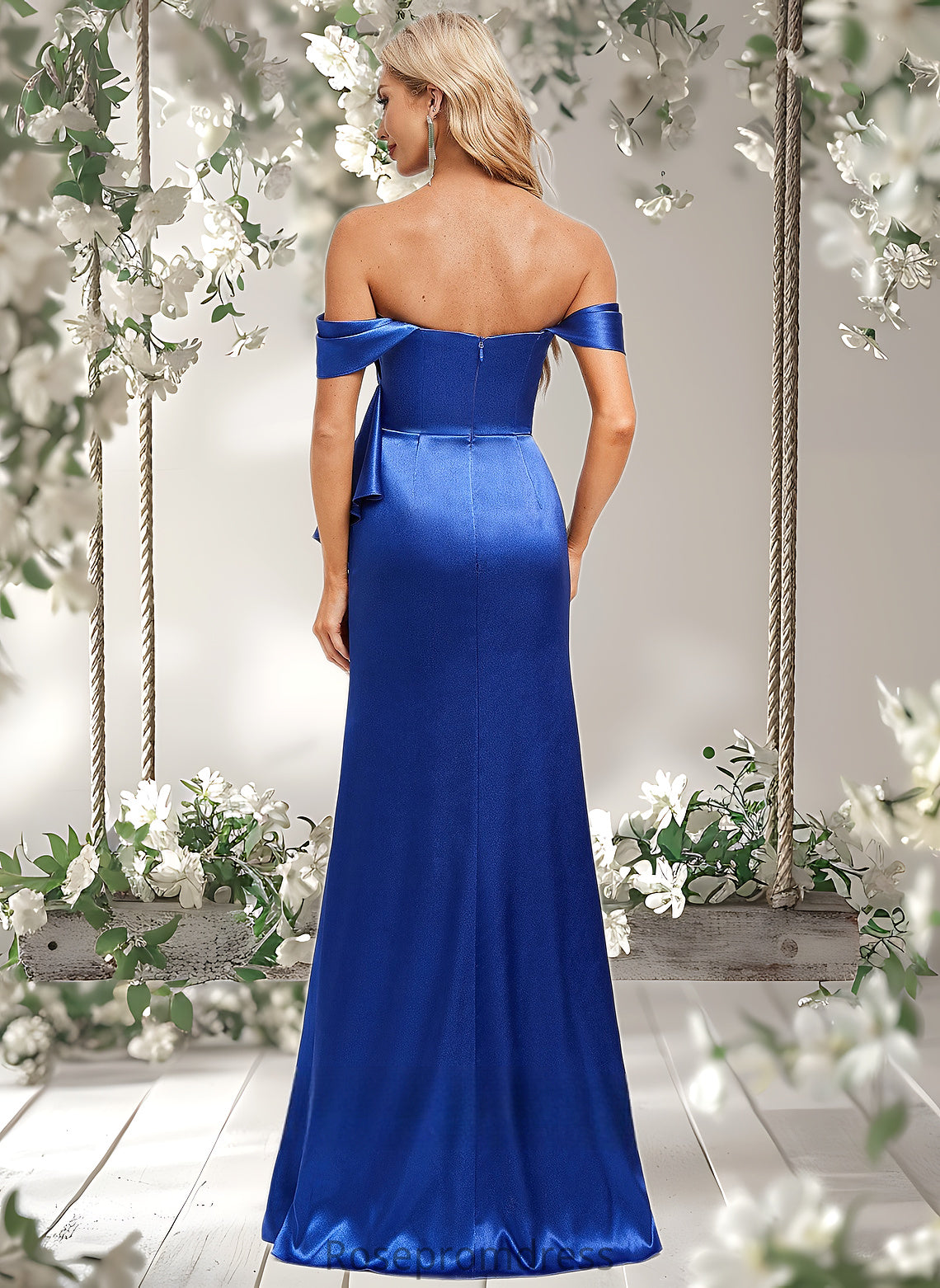 Jazlene Trumpet/Mermaid Off the Shoulder Floor-Length Stretch Satin Bridesmaid Dress With Ruffle DSP0025800