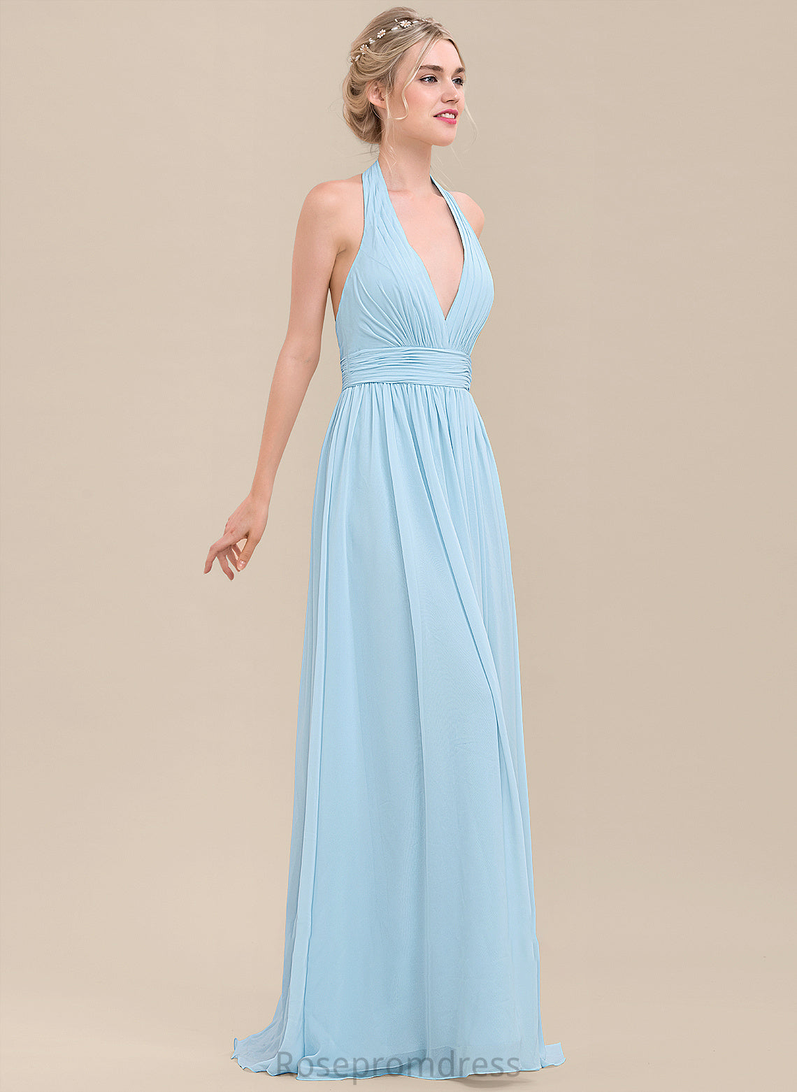Halter A-Line Ruffle Fabric Silhouette Length Neckline Floor-Length Embellishment Karsyn A-Line/Princess Sleeveless Bridesmaid Dresses
