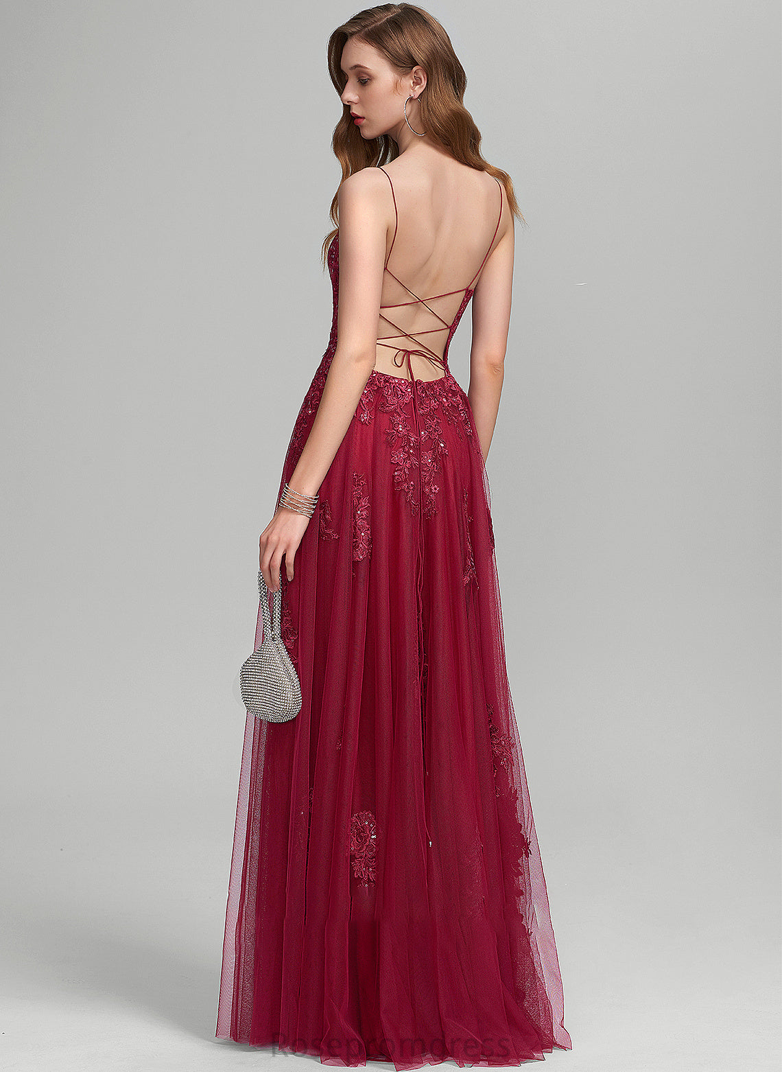Neckline Floor-Length With Split Sequins Front A-Line Square Tulle Prom Dresses Danica
