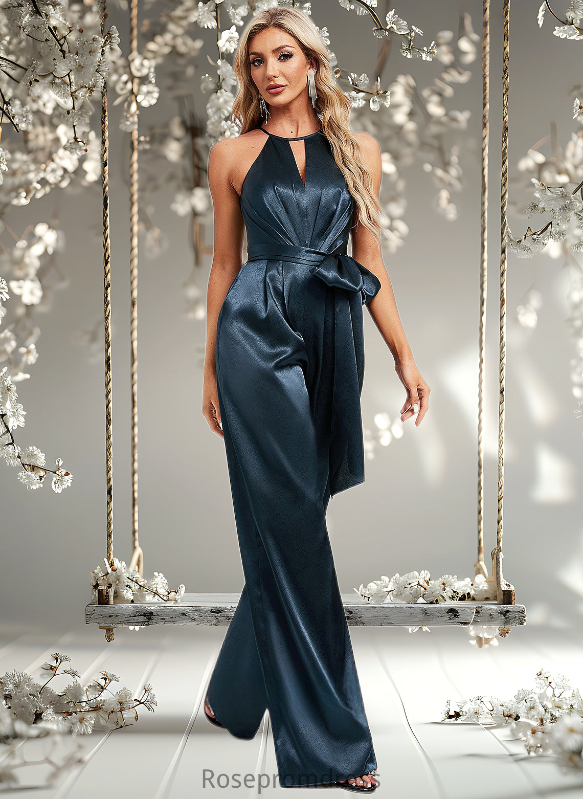 Elliana Jumpsuit/Pantsuit Halter Floor-Length Stretch Satin Bridesmaid Dress DSP0025805