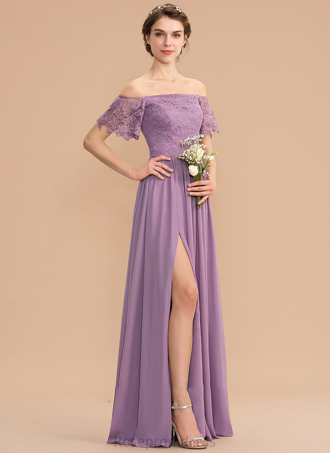 Neckline Length Fabric Off-the-Shoulder A-Line SplitFront Embellishment Silhouette Floor-Length Kiera Bridesmaid Dresses
