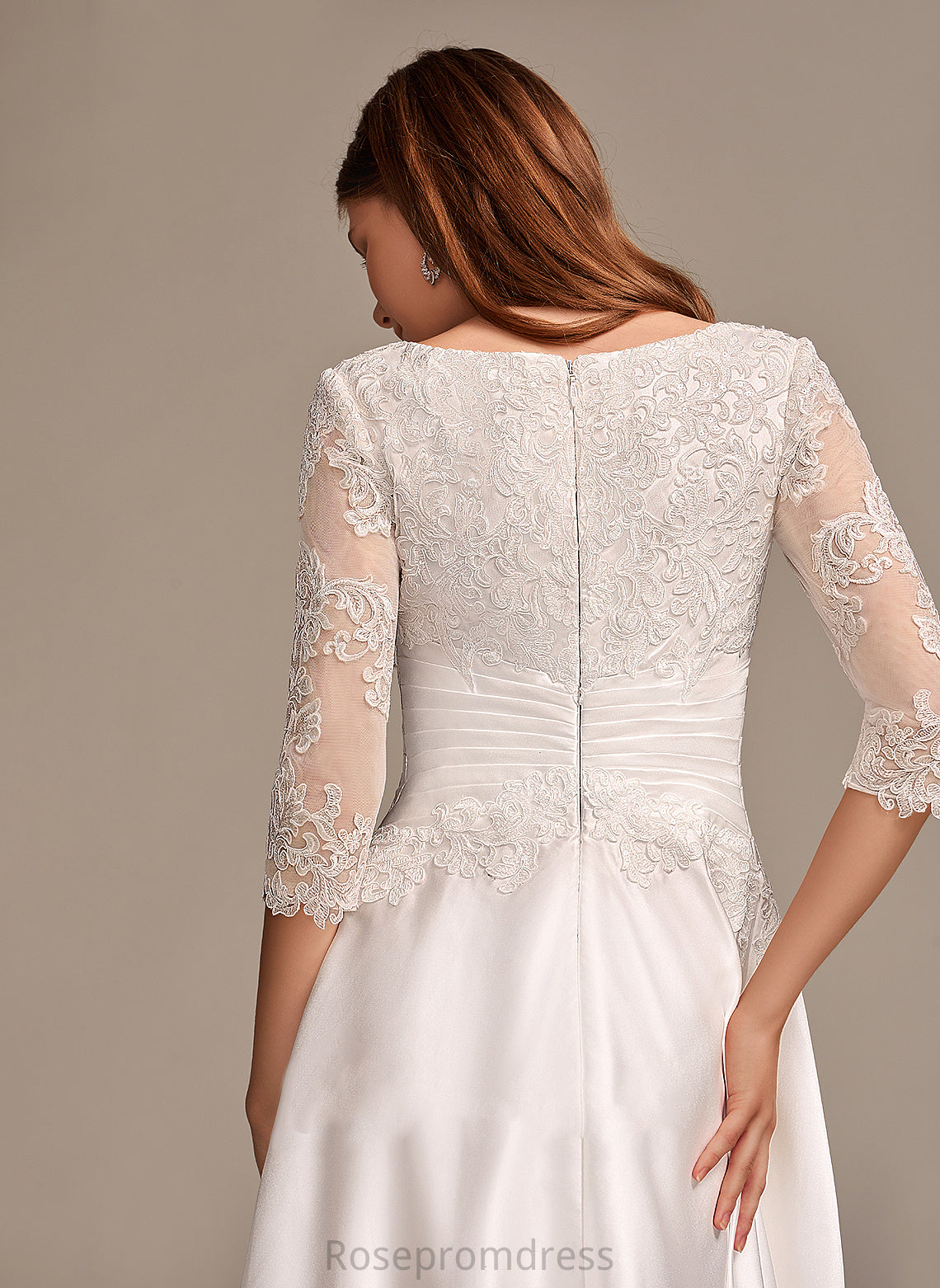 Satin Scoop With Lace Dress Wedding Dresses Wedding Pockets Neck Tea-Length A-Line Zoey