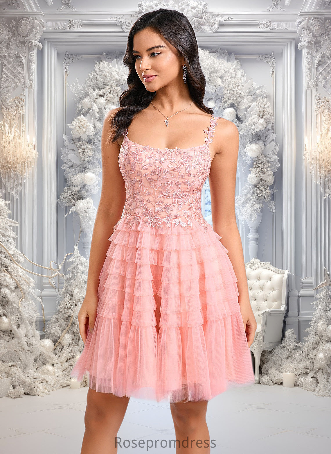 Madison Ball-Gown/Princess Scoop Short Tulle Lace Homecoming Dress With Ruffle DSP0025676