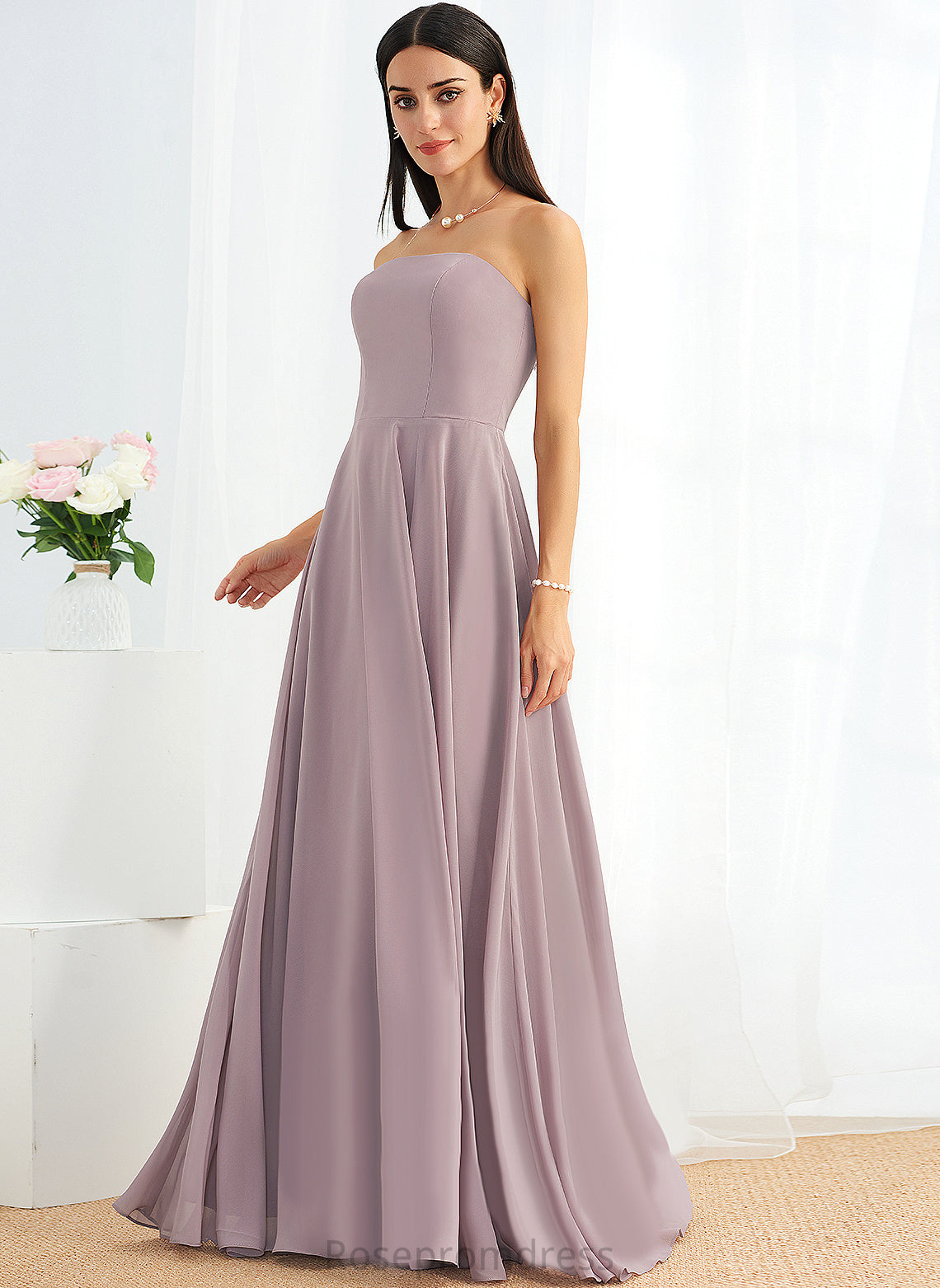 Strapless Sleeveless Length Silhouette BackStyle Floor-Length Fabric Straps&Sleeves A-line Joslyn A-Line/Princess Knee Length Bridesmaid Dresses