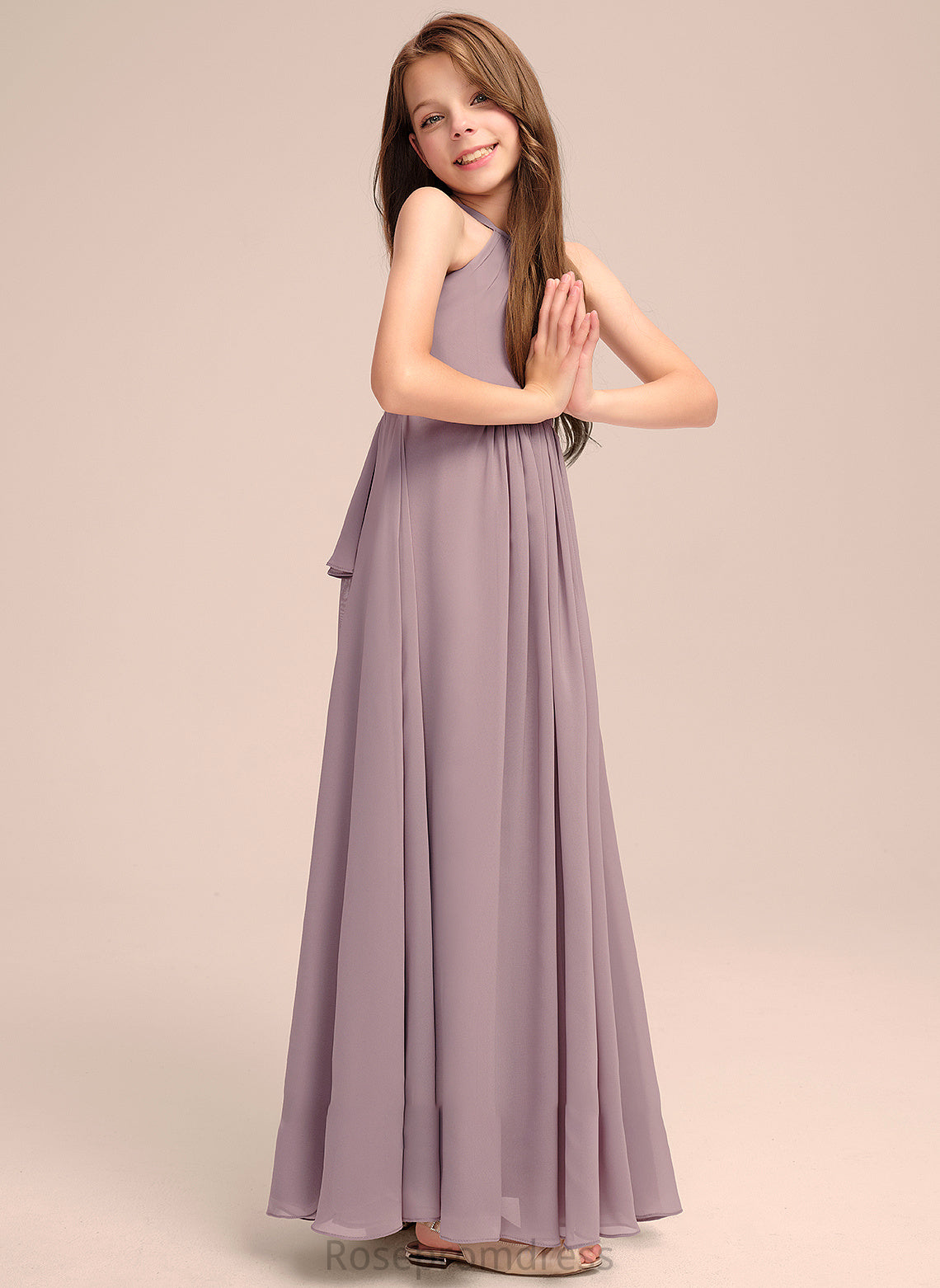 With Ruffles Scoop Bethany Junior Bridesmaid Dresses Floor-Length Cascading Chiffon Neck A-Line