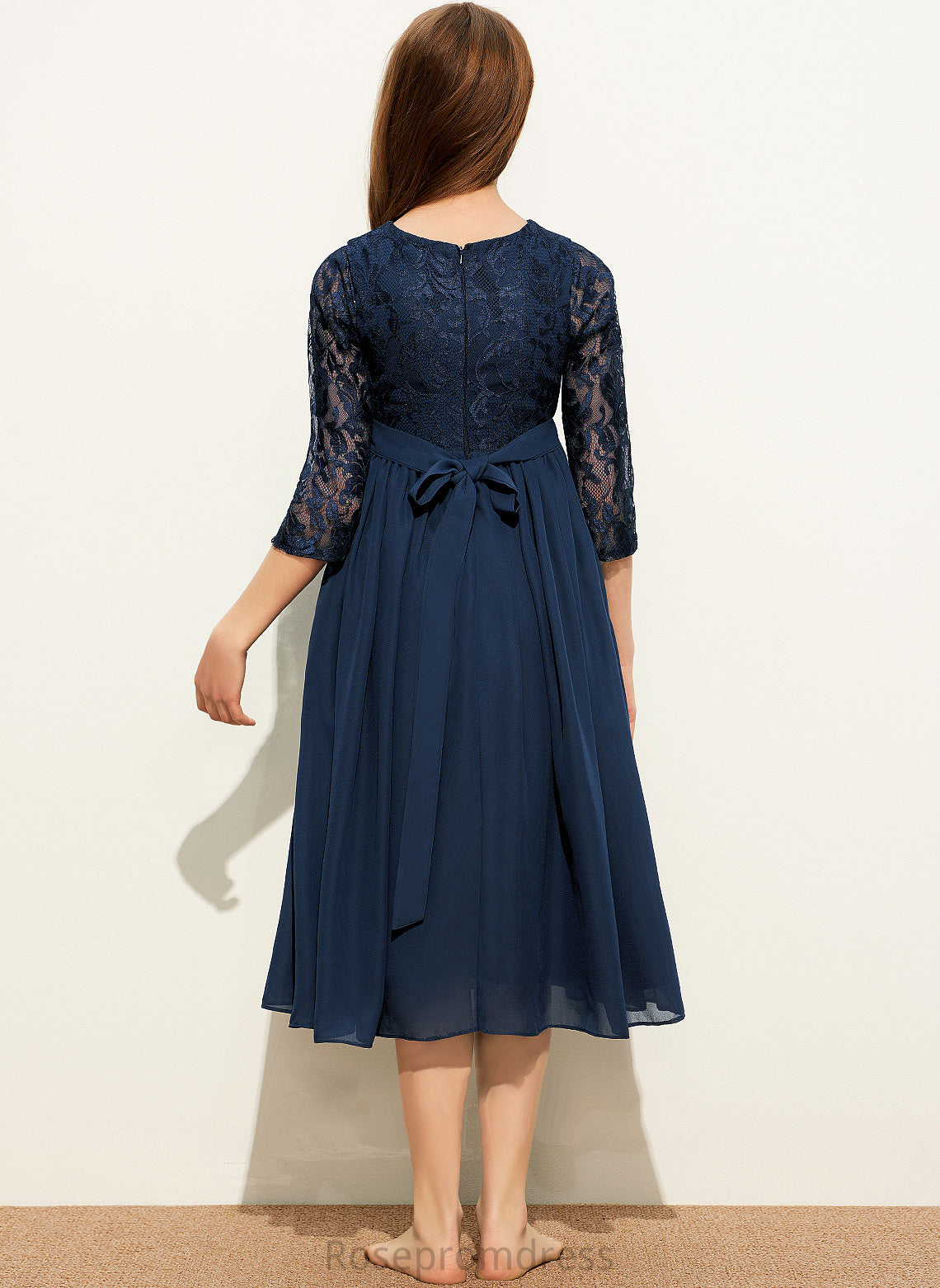 Junior Bridesmaid Dresses Nicky Tea-Length Scoop Neck Lace A-Line Chiffon