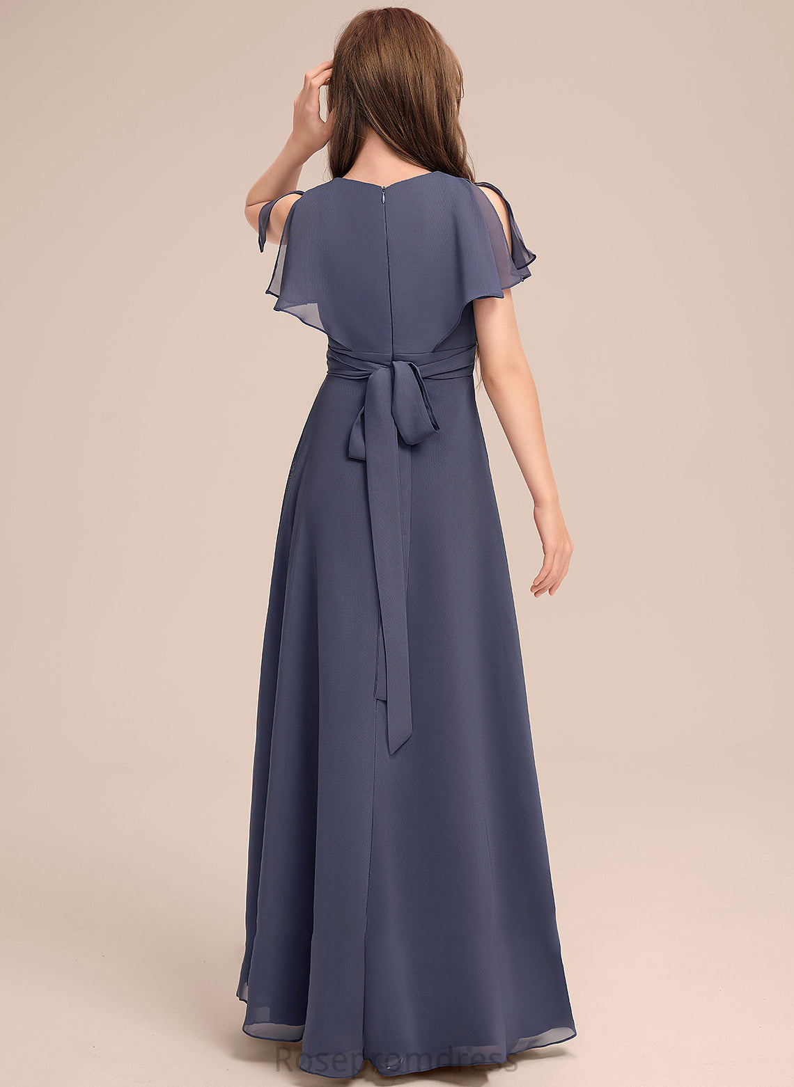 With Nicky V-neck Floor-Length Bow(s) A-Line Ruffle Junior Bridesmaid Dresses Chiffon