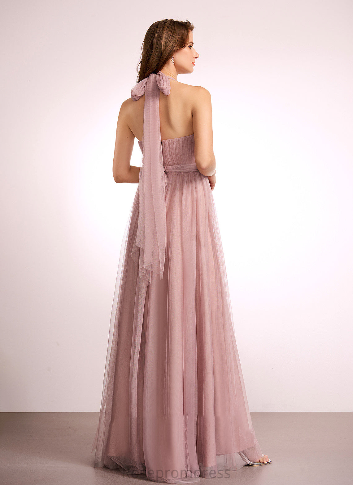 Neckline One-Shoulder Fabric Straps A-Line Length Silhouette V-neck Off-the-Shoulder Tulle Floor-Length Leslie Bridesmaid Dresses