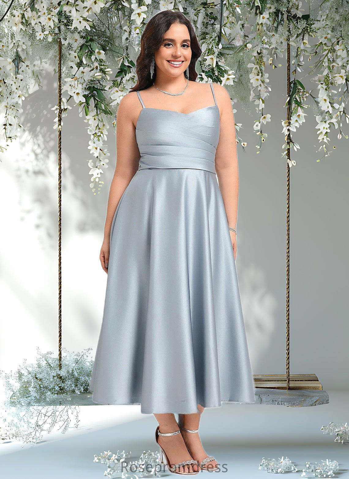 Marissa A-line V-Neck Tea-Length Satin Bridesmaid Dress DSP0025794