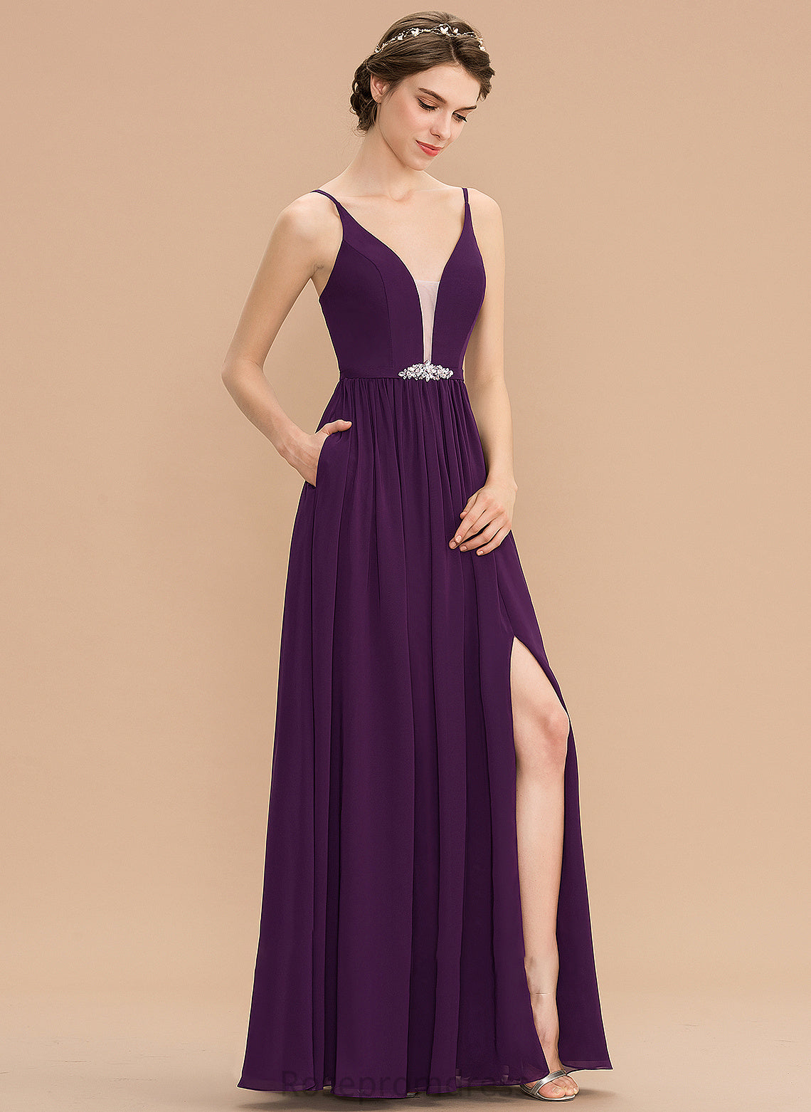 Silhouette Fabric Beading Floor-Length V-neck Length Sequins Pockets Neckline Embellishment A-Line SplitFront Bridesmaid Dresses