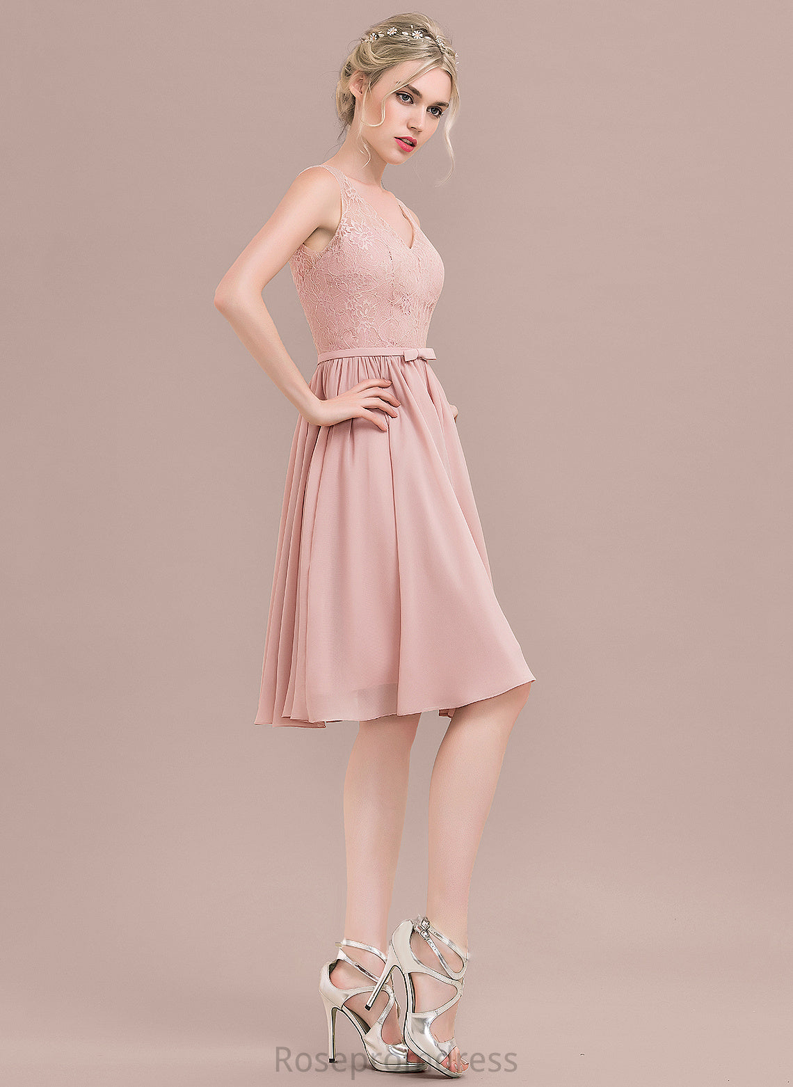 Bow(s) V-neck A-Line Fabric Neckline Silhouette Embellishment Knee-Length Length Alivia Natural Waist Sleeveless Bridesmaid Dresses