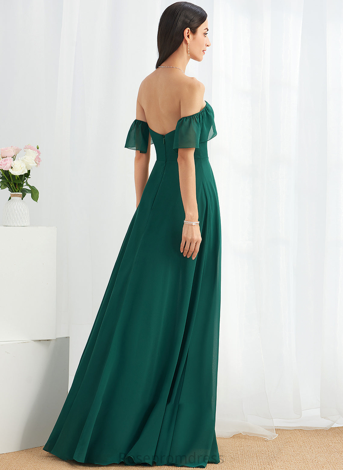 Length Off-the-Shoulder Embellishment A-Line Fabric Silhouette Floor-Length Neckline SplitFront Azul Bridesmaid Dresses
