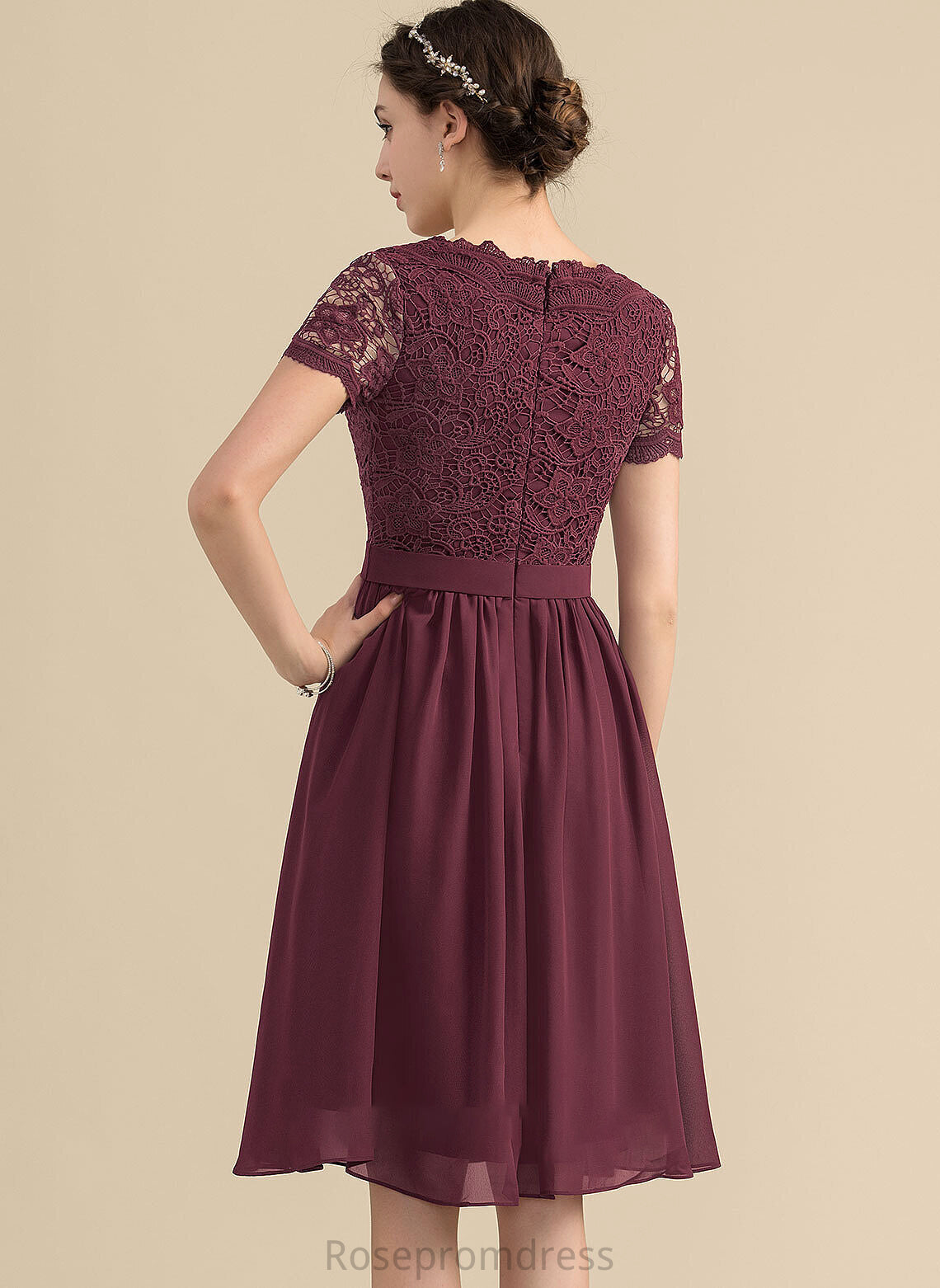 A-Line Neckline Lace Straps Length V-neck Silhouette Fabric Knee-Length Pauline Natural Waist Sleeveless Bridesmaid Dresses