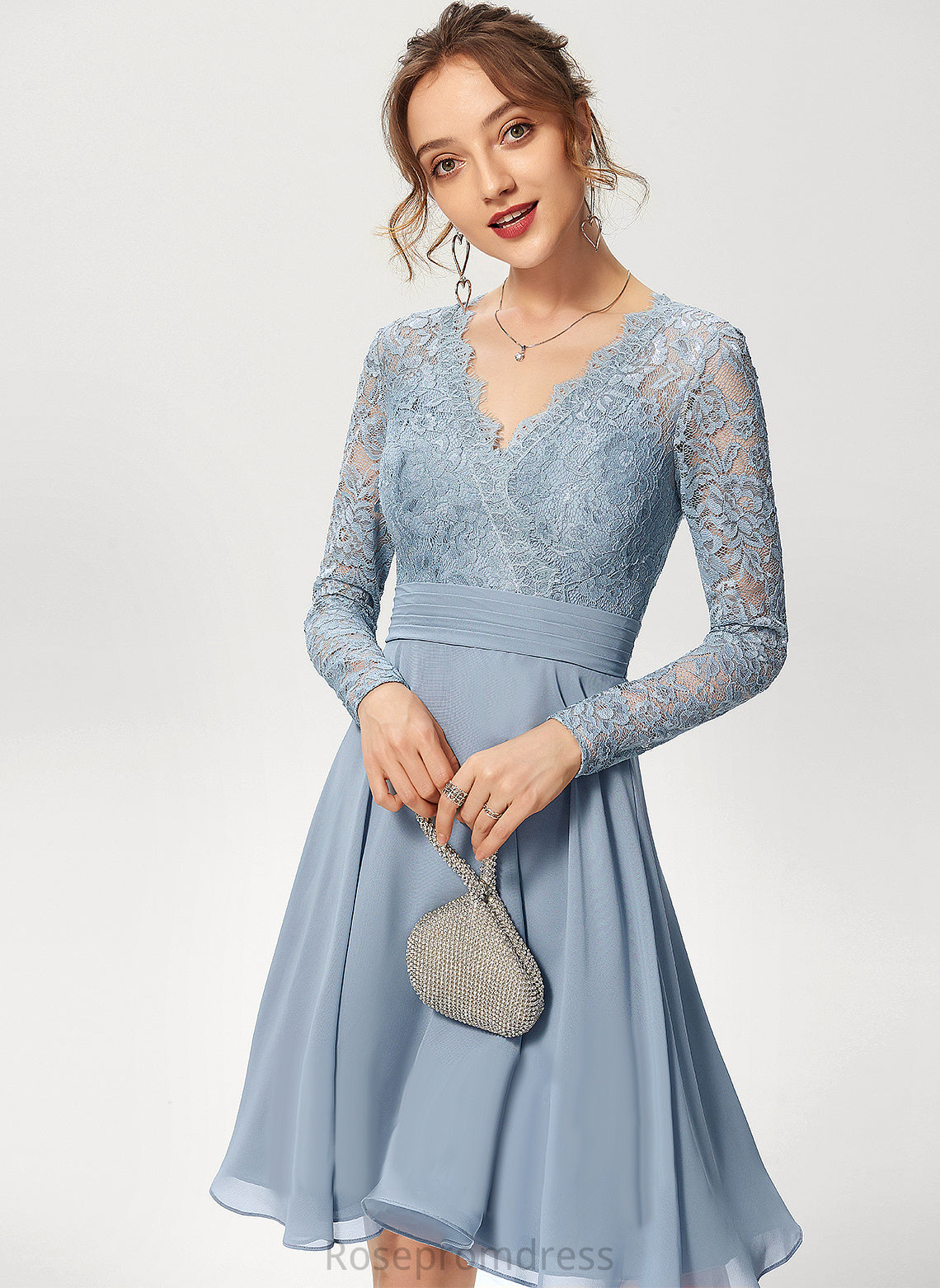 V-neck Cocktail Dresses A-Line Dress Chiffon Lace Cocktail Olive Knee-Length