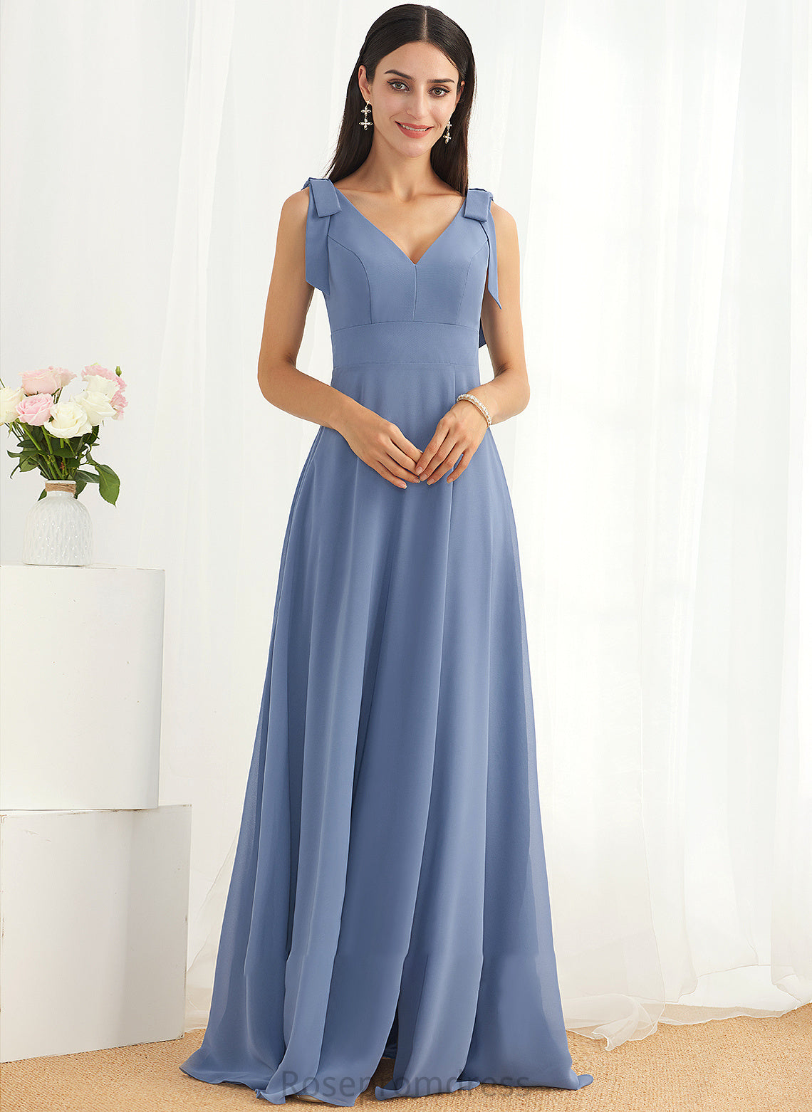Floor-Length V-neck A-Line Fabric Neckline Silhouette Bow(s) Embellishment Length SplitFront Monique Sleeveless Bridesmaid Dresses