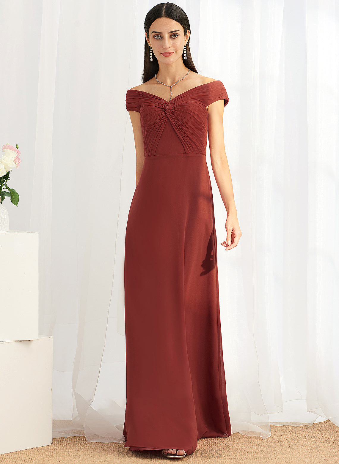 Sheath/Column Neckline Length Floor-Length Silhouette Ruffle Fabric Off-the-Shoulder Embellishment Vanessa Bridesmaid Dresses