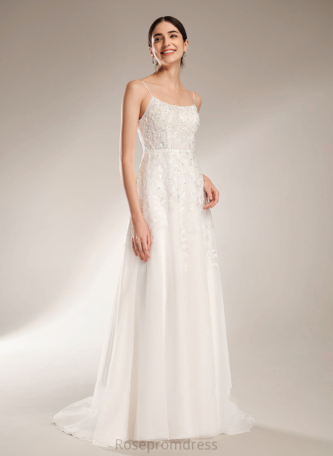 Annika Beading With A-Line Train Square Dress Wedding Dresses Sequins Wedding Court Neckline
