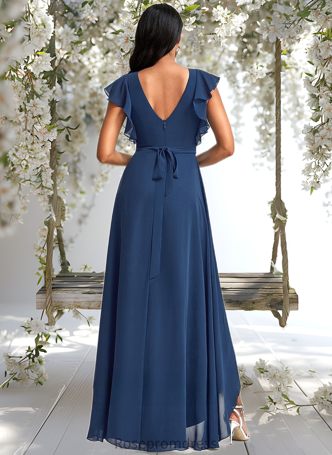 Emilee A-line V-Neck Asymmetrical Chiffon Bridesmaid Dress With Ruffle DSP0025733