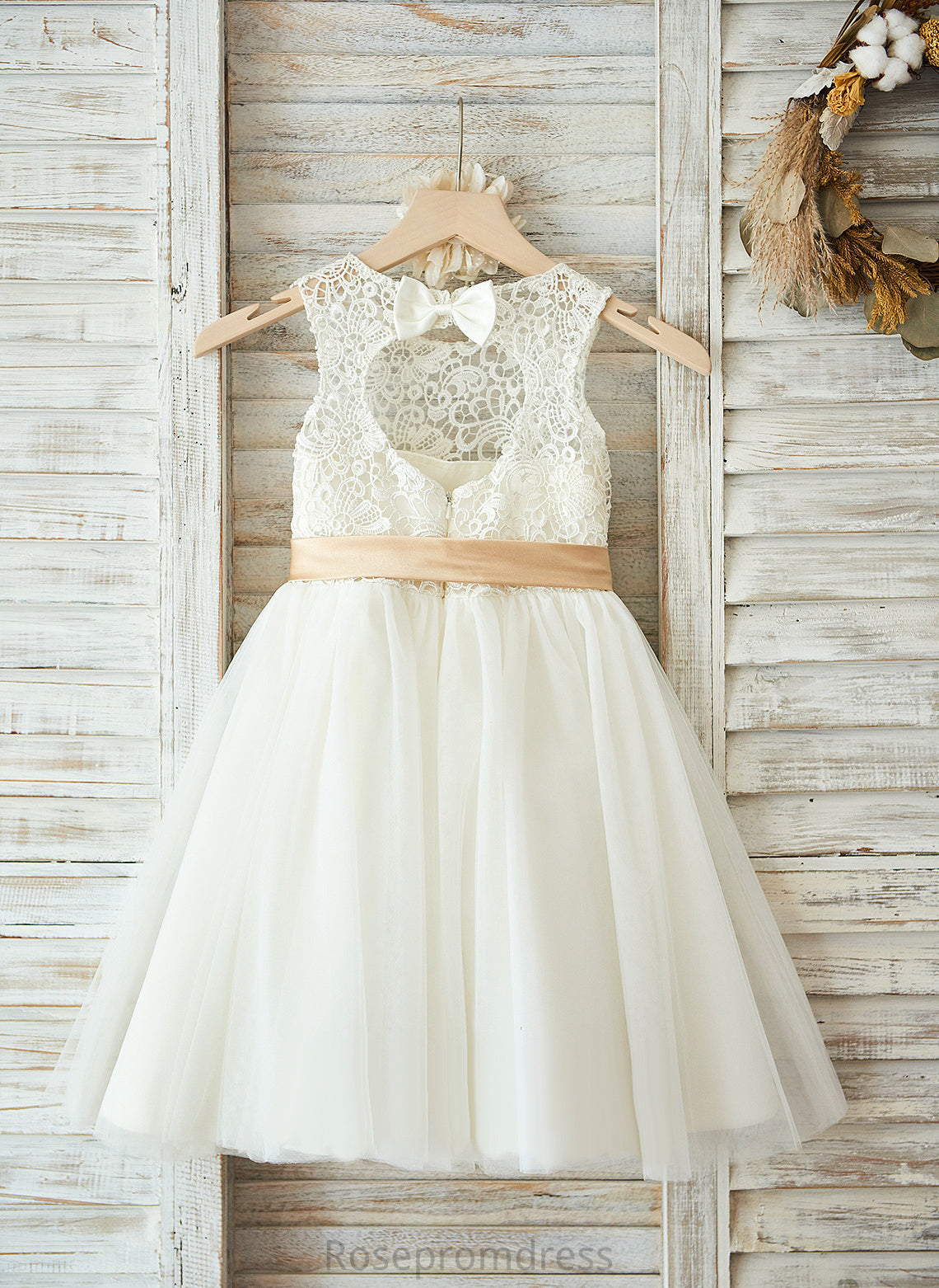 Dress Satin/Tulle/Lace Sash/Bow(s)/Back Knee-length Hole With Sleeveless Flower Girl Dresses Flower A-Line Neck Girl - Setlla Scoop