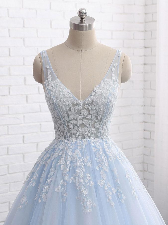 Sexy Ball Gown Tulle Sky Blue V-neck Appliques Brush Train Long Sleeveless Prom Dresses RS505