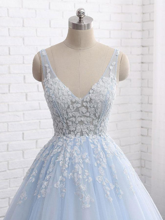 Sexy Ball Gown Tulle Sky Blue V-neck Appliques Brush Train Long Sleeveless Prom Dresses RS505