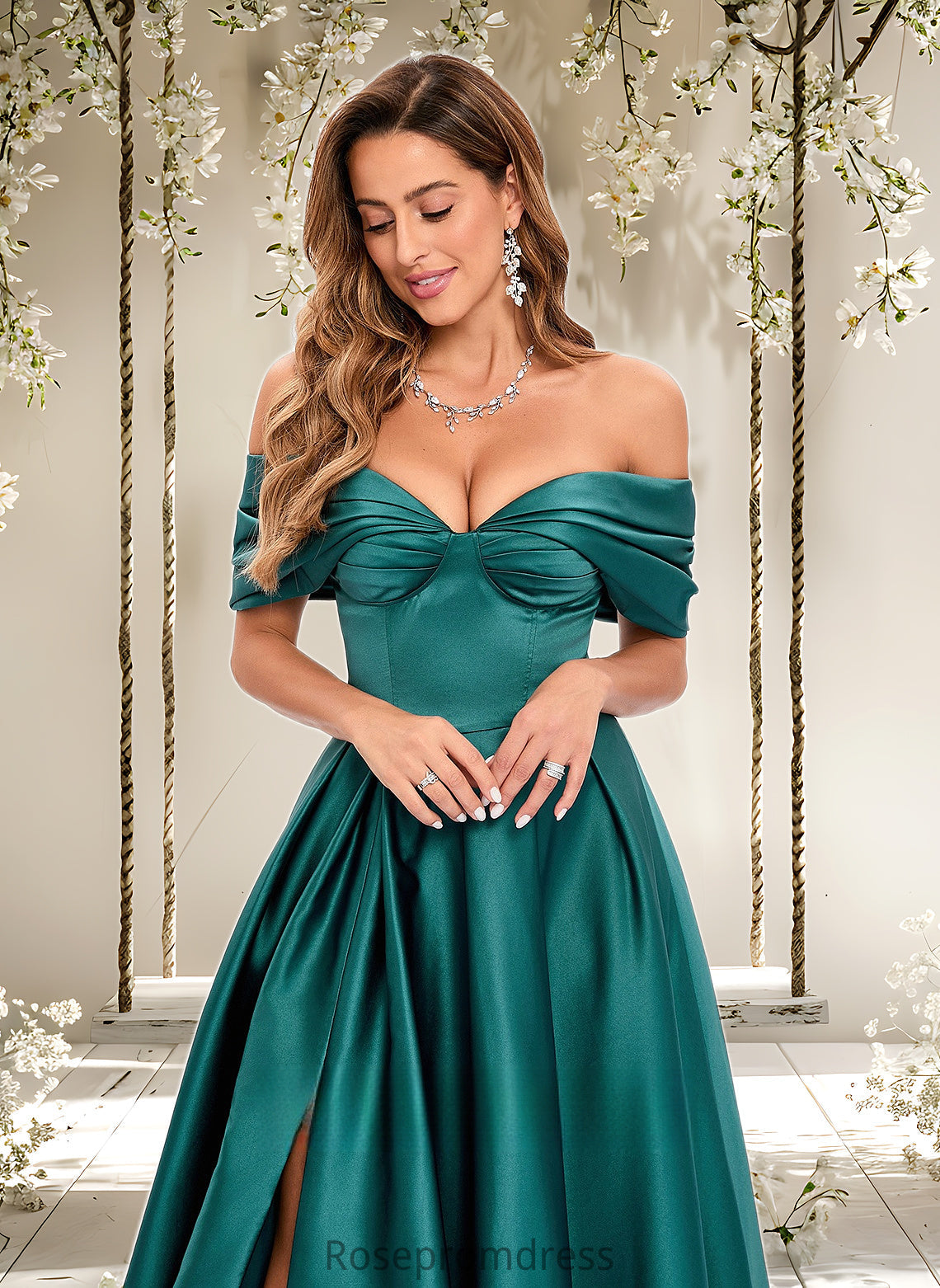 Setlla A-line Off the Shoulder Floor-Length Satin Prom Dresses With Pleated DSP0025851