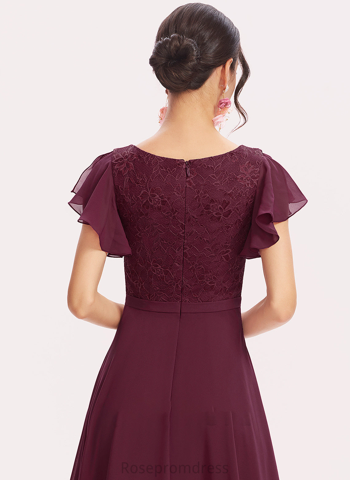 Neckline V-neck Embellishment CascadingRuffles Silhouette Fabric Length Lace A-Line Asymmetrical Nina Natural Waist Bridesmaid Dresses