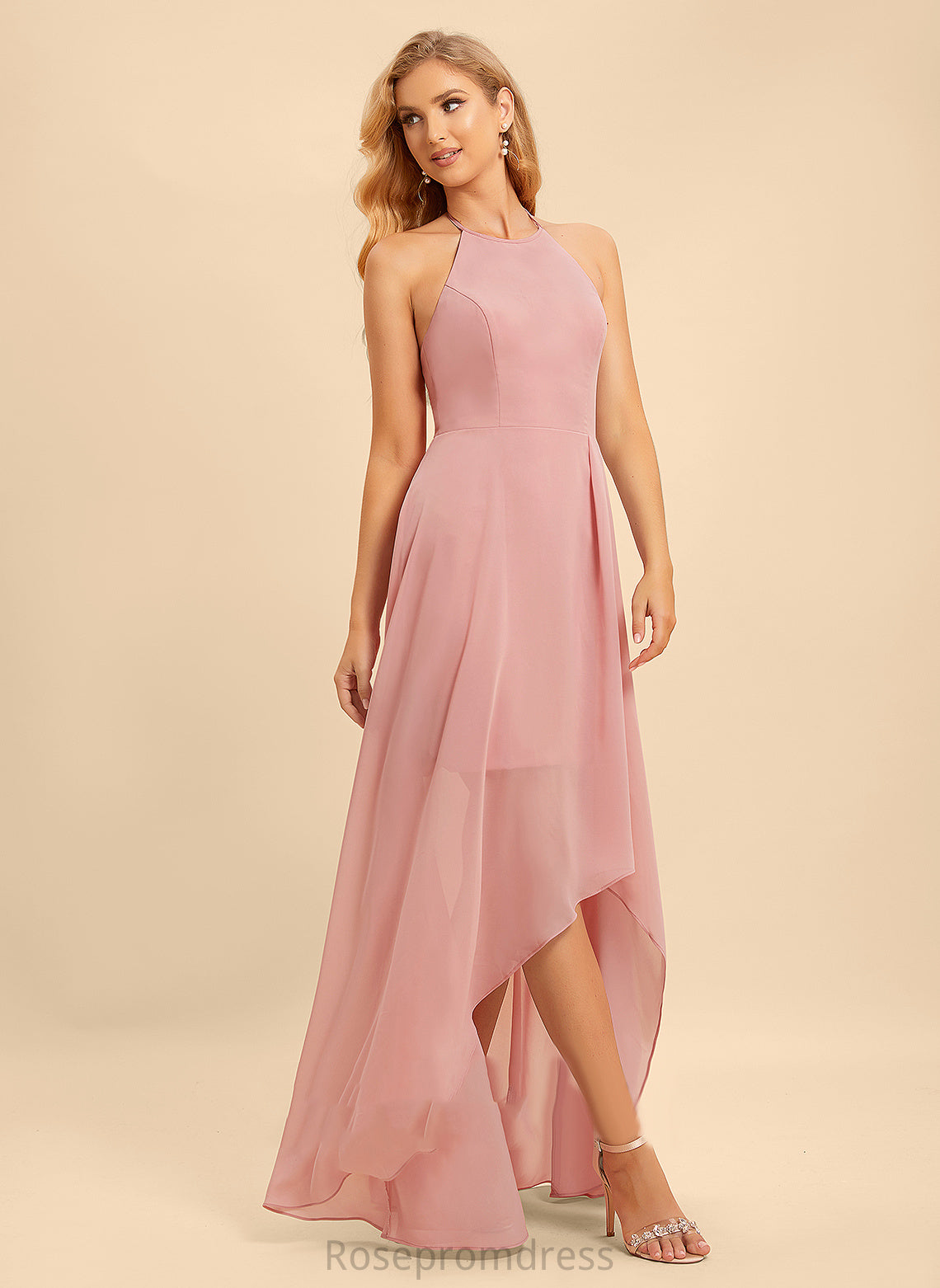 Asymmetrical Fabric Halter Embellishment Length Silhouette Neckline Ruffle A-Line Matilda Bridesmaid Dresses