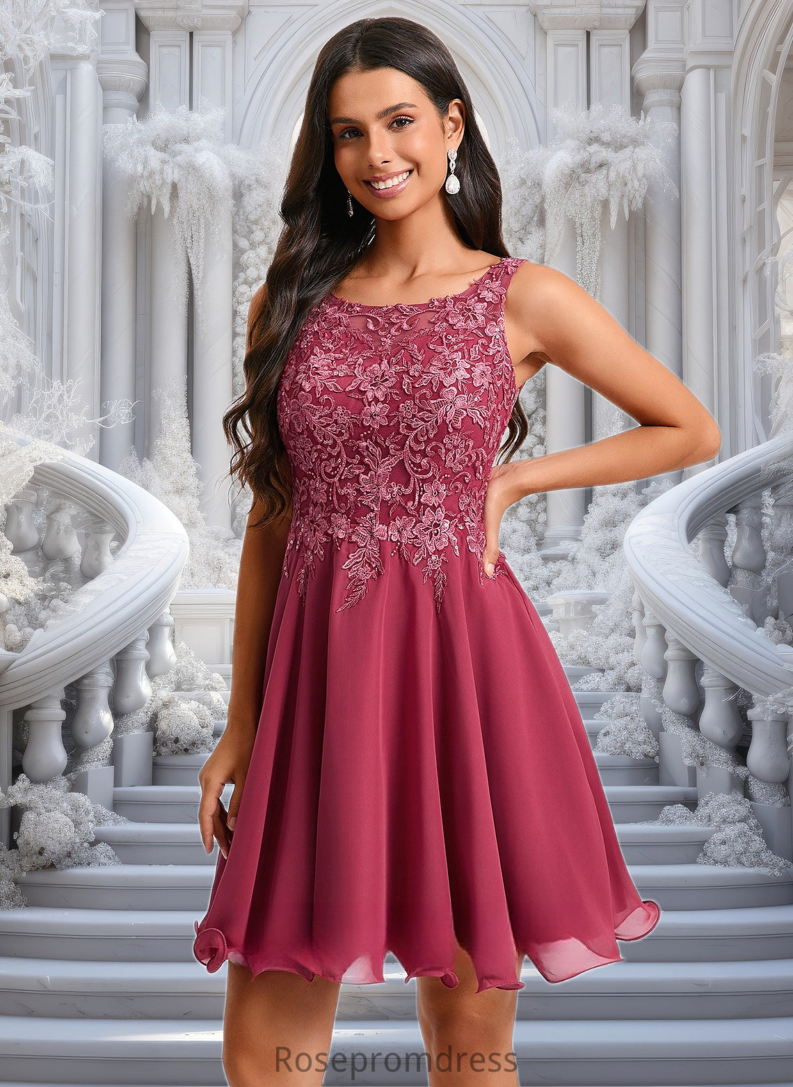 Evangeline A-line Scoop Short Chiffon Homecoming Dress With Sequins Appliques Lace DSP0025681