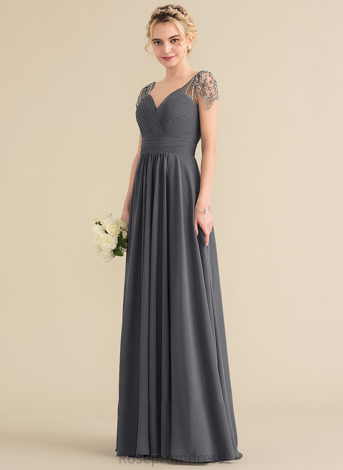Beading Fabric Embellishment Neckline Silhouette Ruffle Floor-Length Sequins A-Line V-neck Length Aliya Bridesmaid Dresses