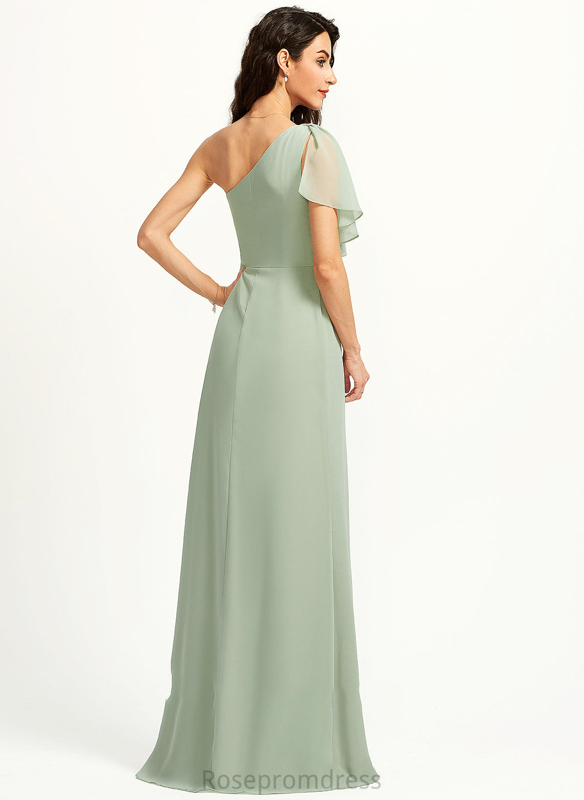 Silhouette Neckline Floor-Length One-Shoulder A-Line Length Fabric Embellishment Ruffle SplitFront Nan Sleeveless Bridesmaid Dresses