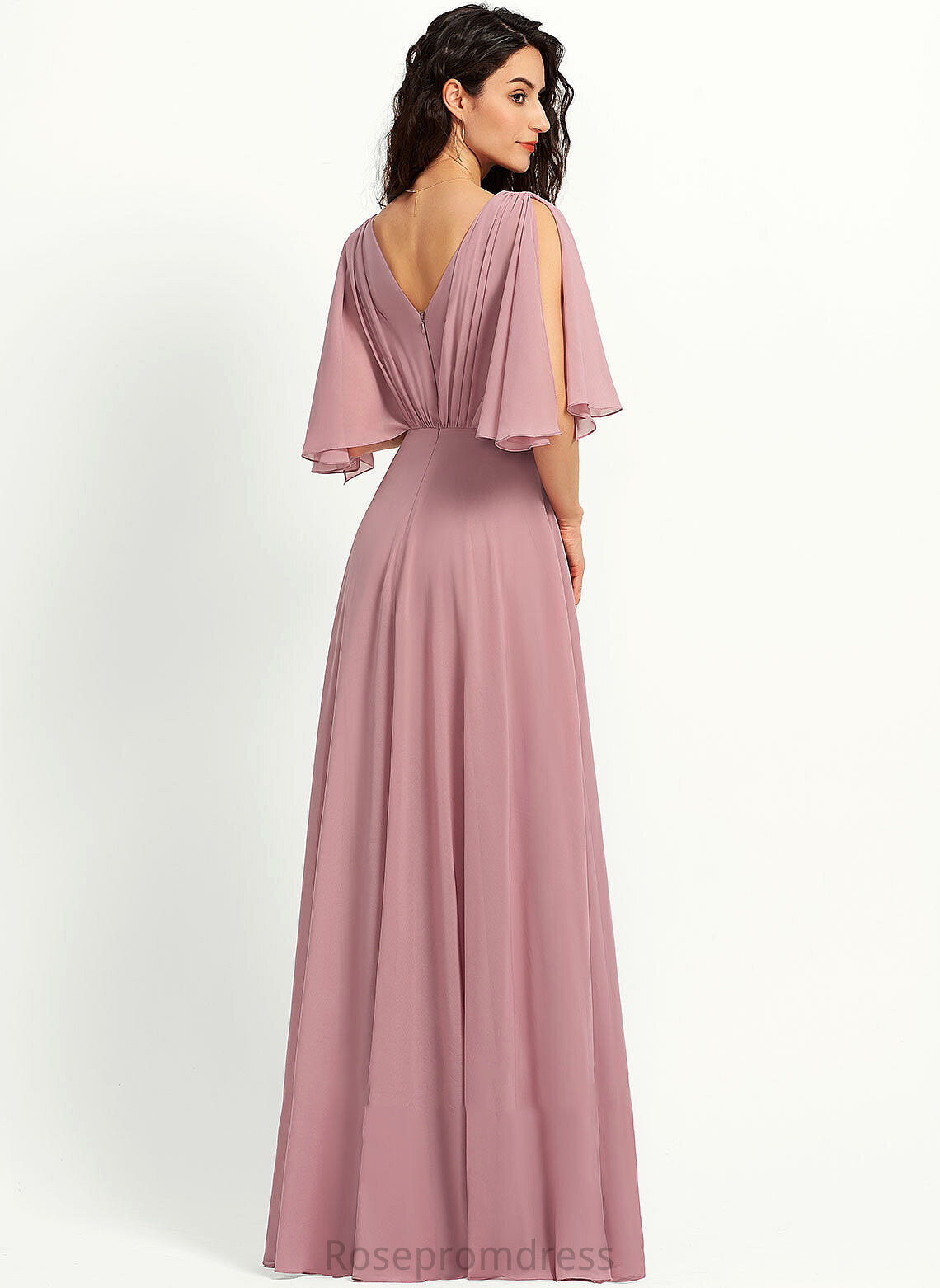 Length Silhouette Ruffle Floor-Length A-Line Fabric Embellishment V-neck Neckline Larissa Bridesmaid Dresses