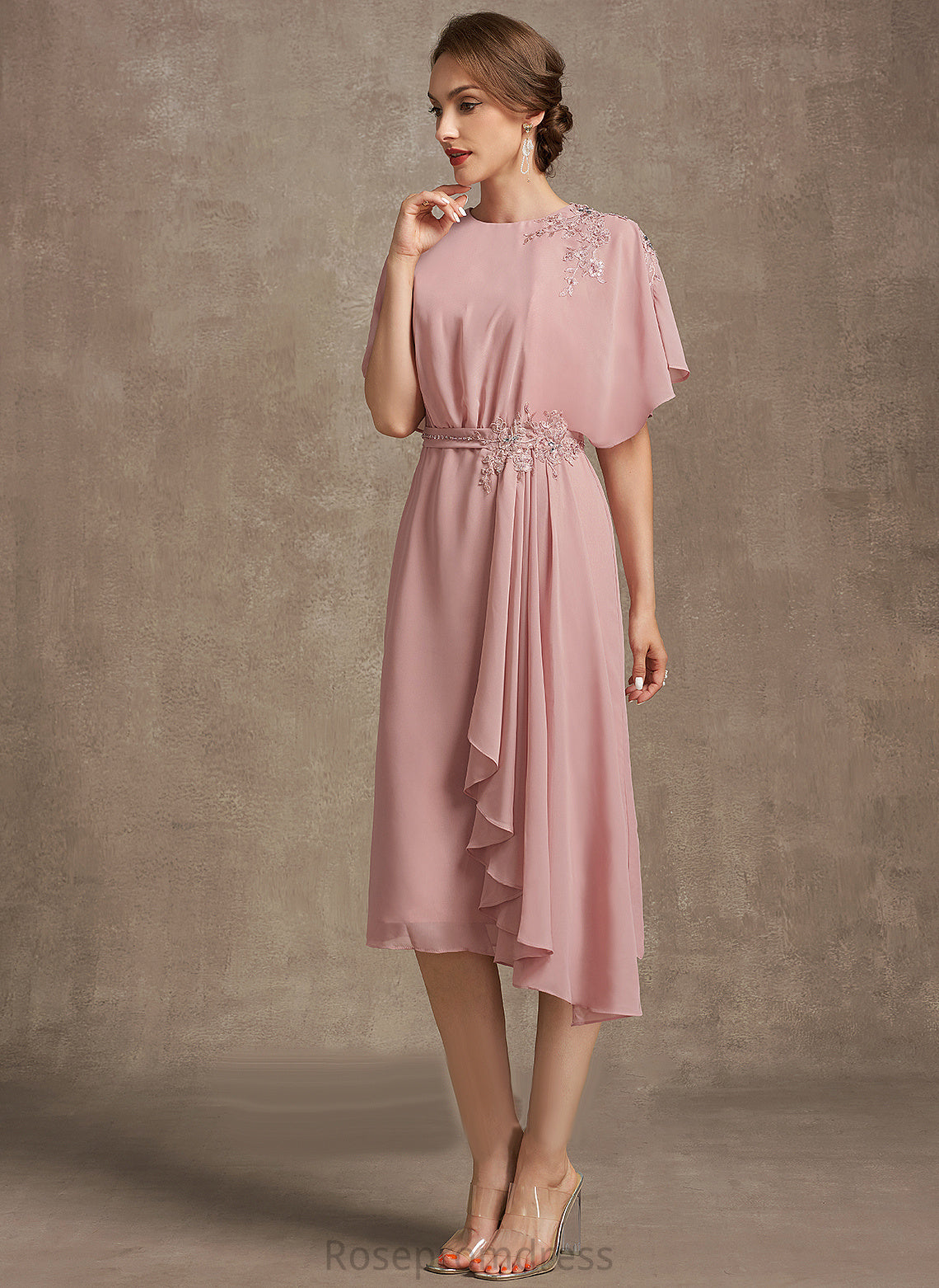 Yareli Bride Neck With Mother of the Bride Dresses Appliques Scoop Sheath/Column Lace Knee-Length Chiffon Mother the Dress of