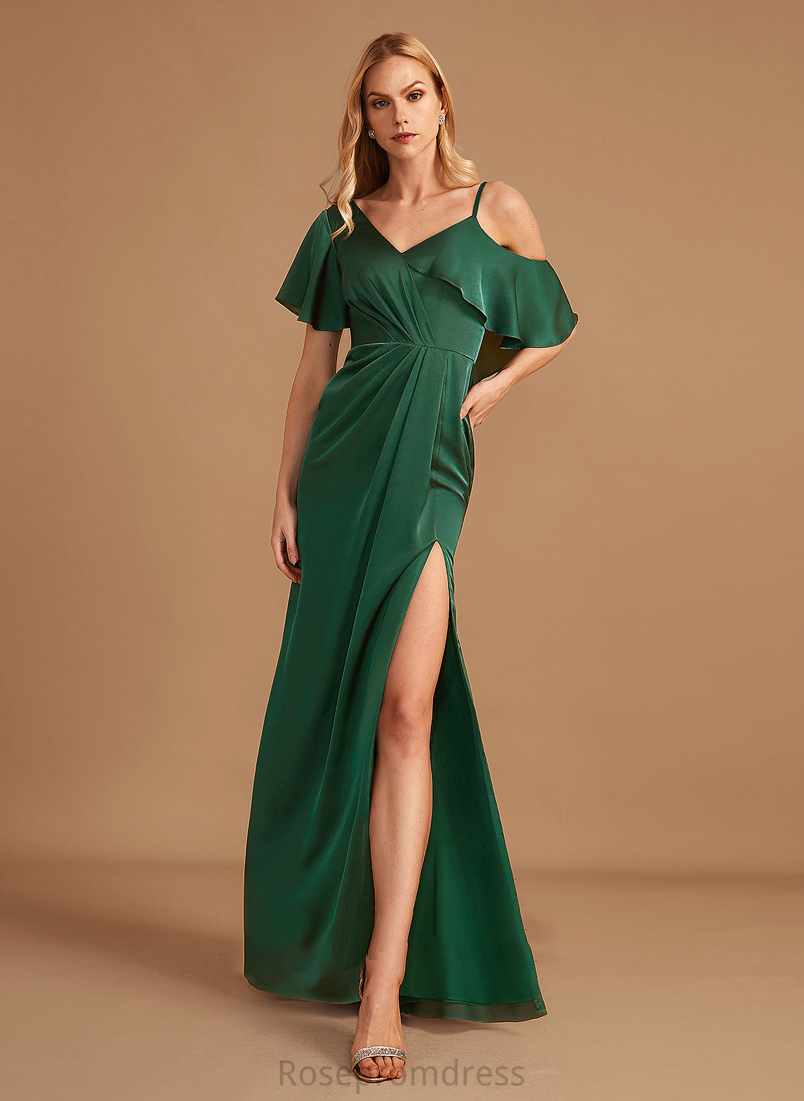Sheath/Column Neckline SplitFront Fabric Silhouette Embellishment Length Floor-Length V-neck Annalise Bridesmaid Dresses